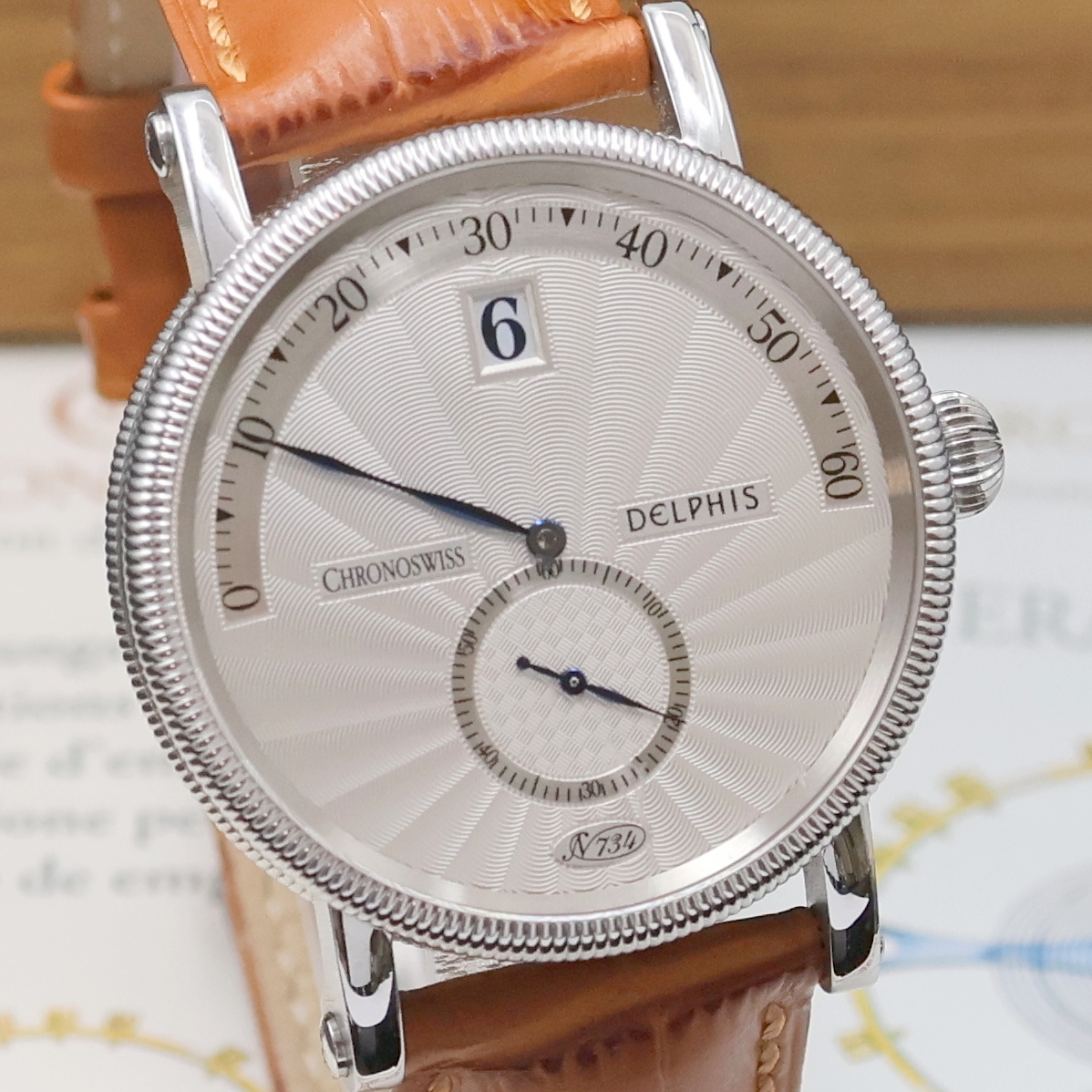 Detail c: CHRONOSWISS Delphis Herrenarmbanduhr in Edelstahl Referenz CH 1423, Schweiz um 2000, Automatik, beids. vergl. Geh., Boden geschr., neutr. Lederband ...