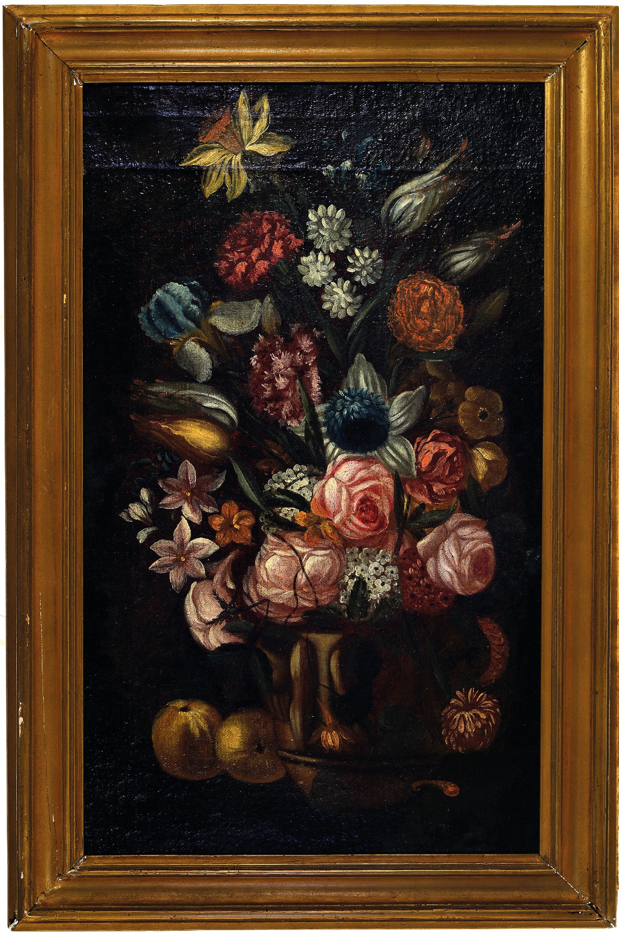 Detail k: Nachfolge Andrea Scacciati, 1642-1710, 18.Jh. , Blumenstillleben, breite Varianz an Zierblumen, unsigniert, Öl/Lwd, restauriert, 75x45 cm, ...