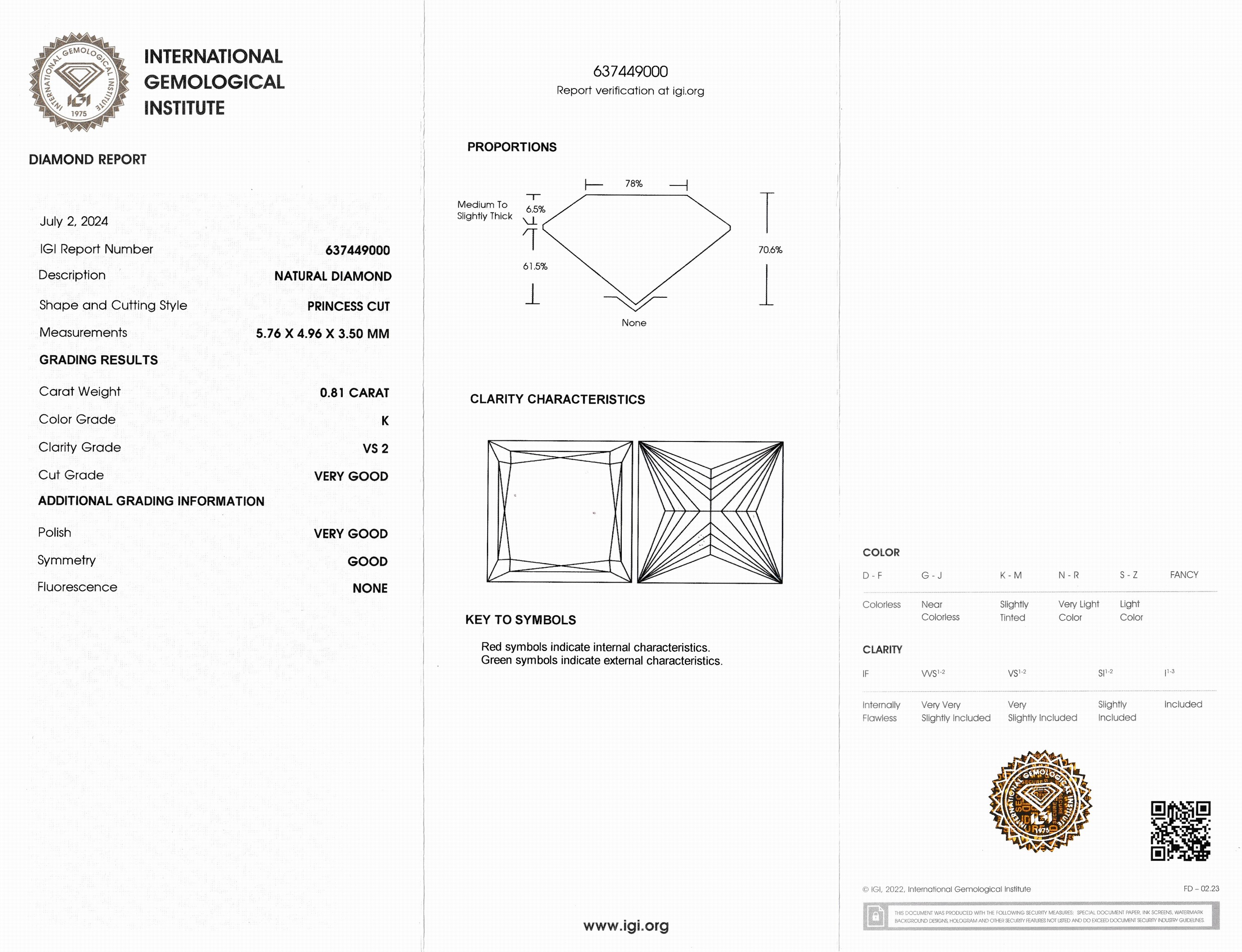 Detail a: Loser Princess Cut Diamant, 0.81 ct get.Weiß(K)/vs2, eingeschweißt, mit IGI- Expertise