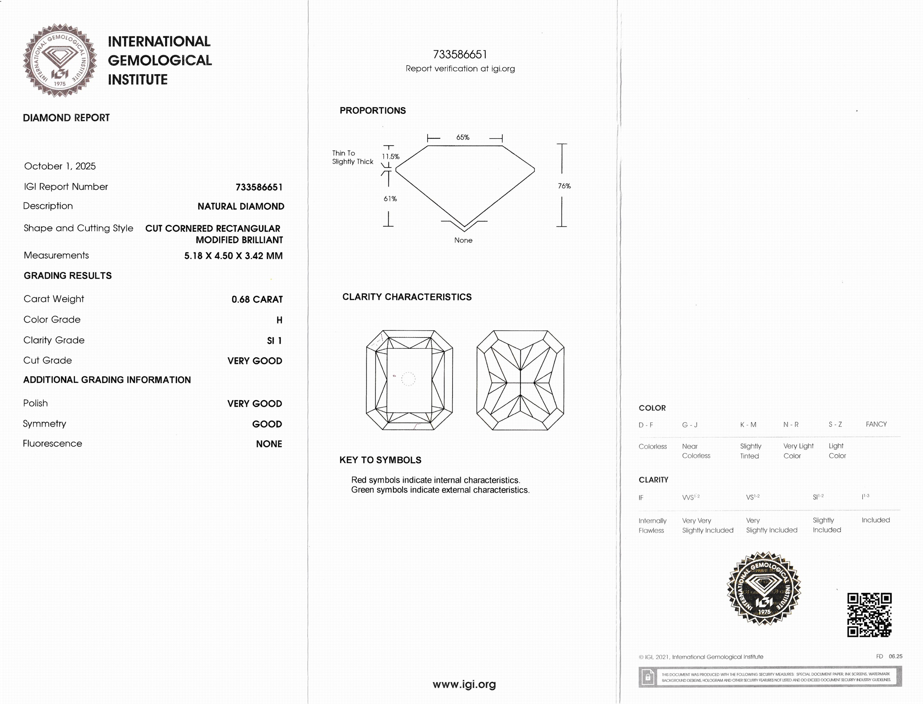 Detail a: Loser Diamant, 0.68 ct Weiß(H)/si1, Radiant, eingeschweißt, mit IGI-Expertise