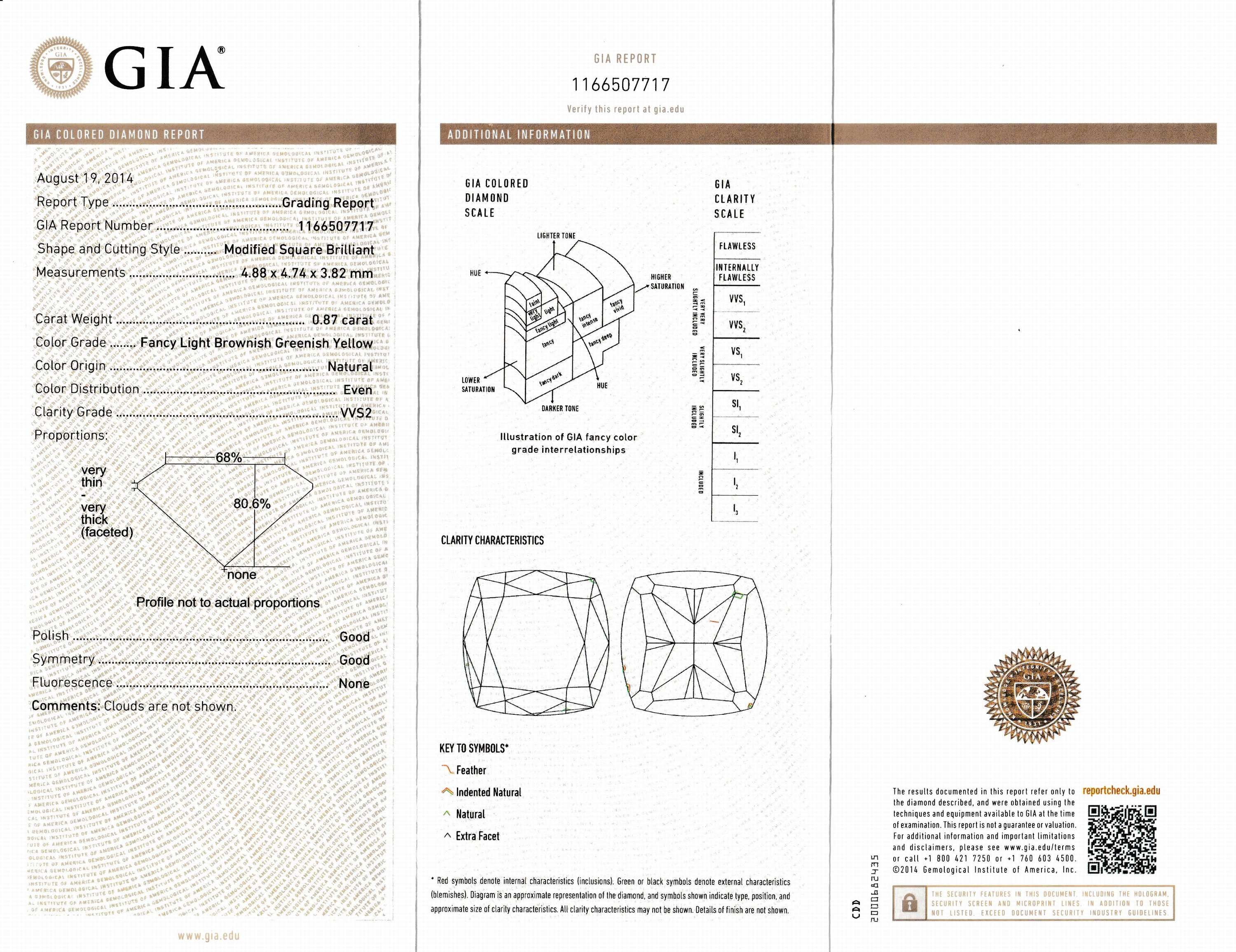 Detail a: Loser Diamant, 0.87 ct natural fancy light brownish greenish yellow/vvs2, Modified SquareBrillant, eingeschweißt, mit GIA-Expertise