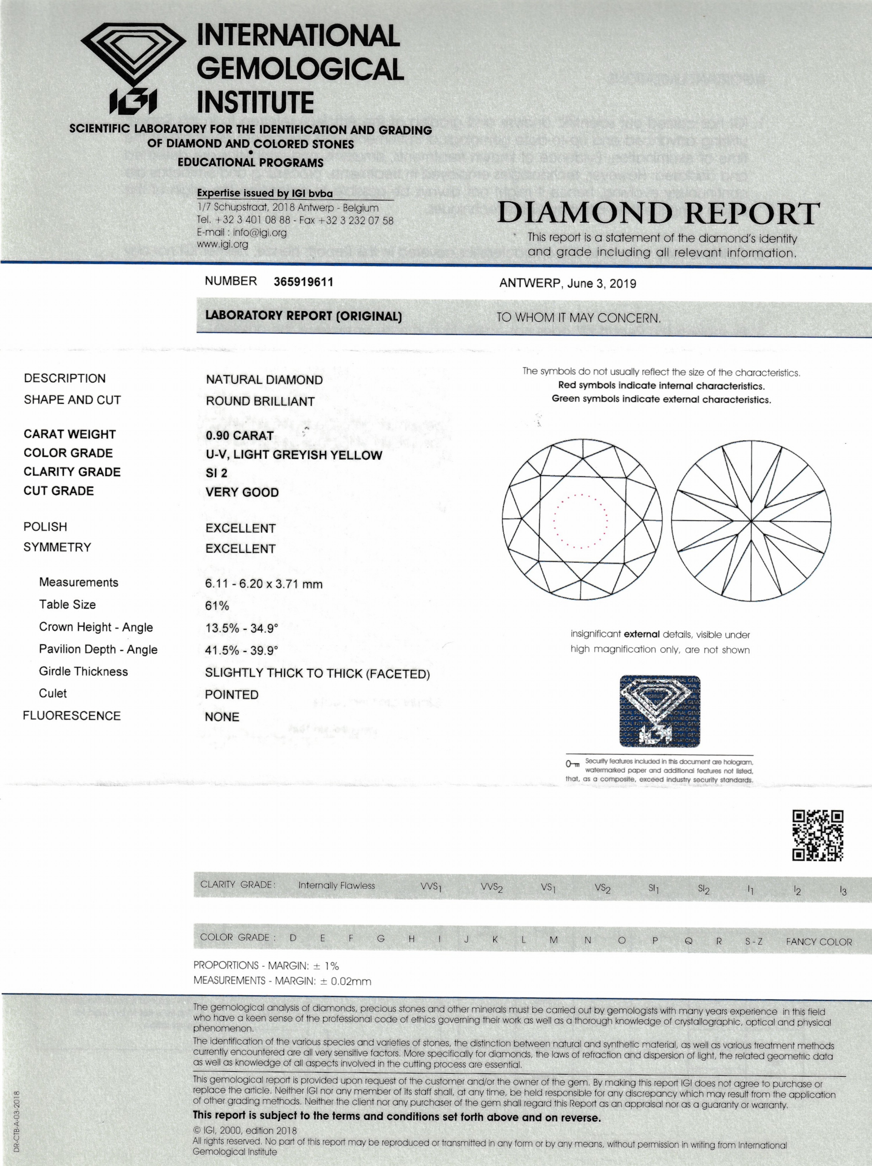 Detail a: Loser Brillant, 0.90 ct Getönt(U-V) light greyish yellow/si2, eingeschweißt, mit IGI- Expertise