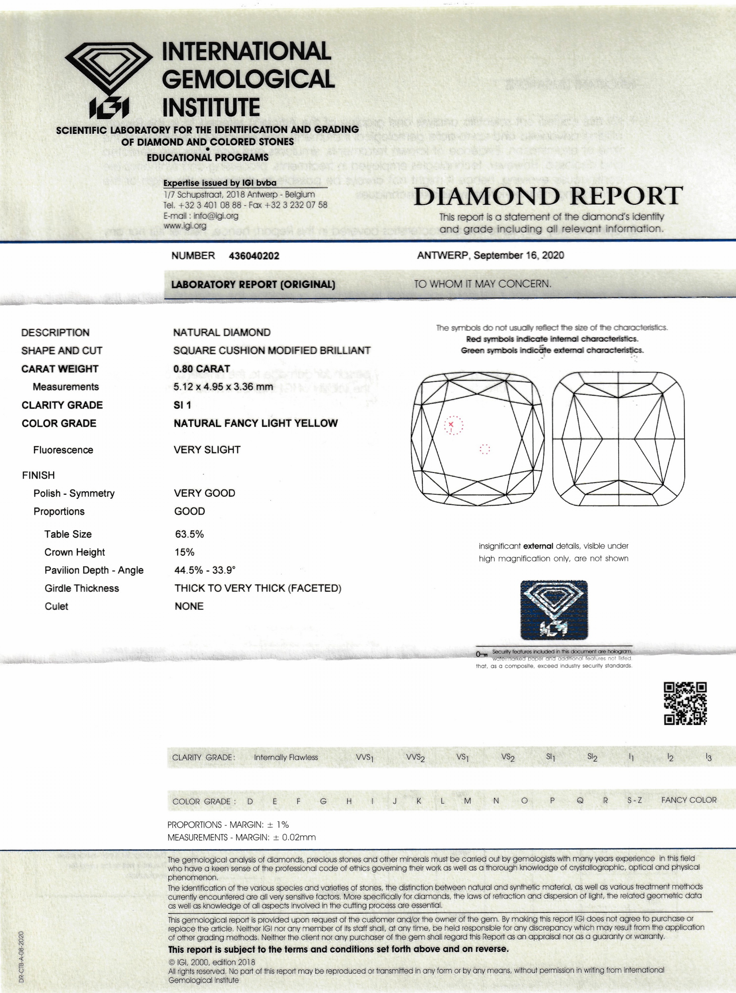 Detail a: Loser Diamant, 0.80 ct natural fancy light yellow/si1, square cushion modified brilliant,eingeschweißt, mit IGI-Expertise