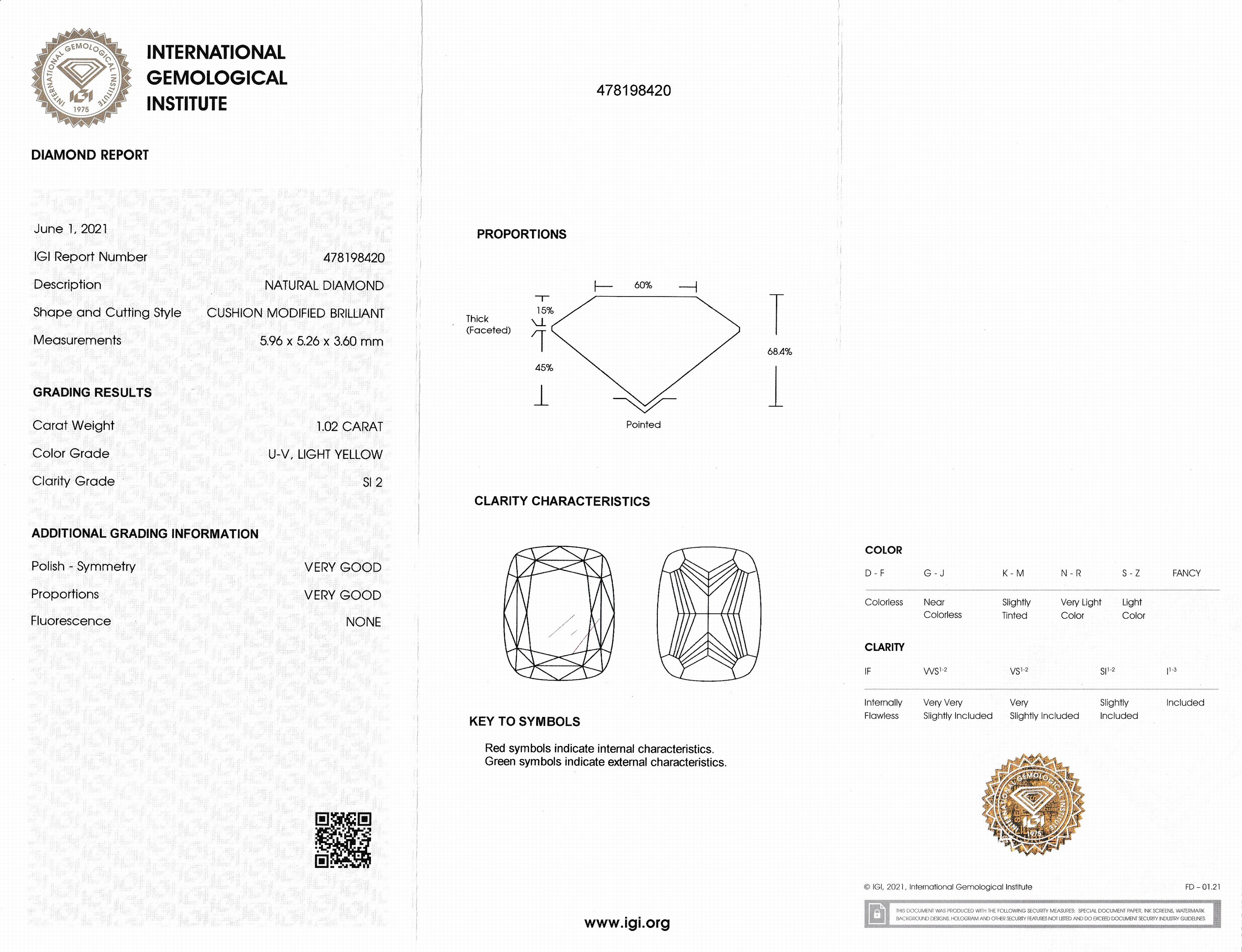Detail a: Loser Diamant, 1.02 ct Getönt(U-V) light yellow/si2, cushion modified brilliant, eingeschweißt, mit IGI-Expertise
