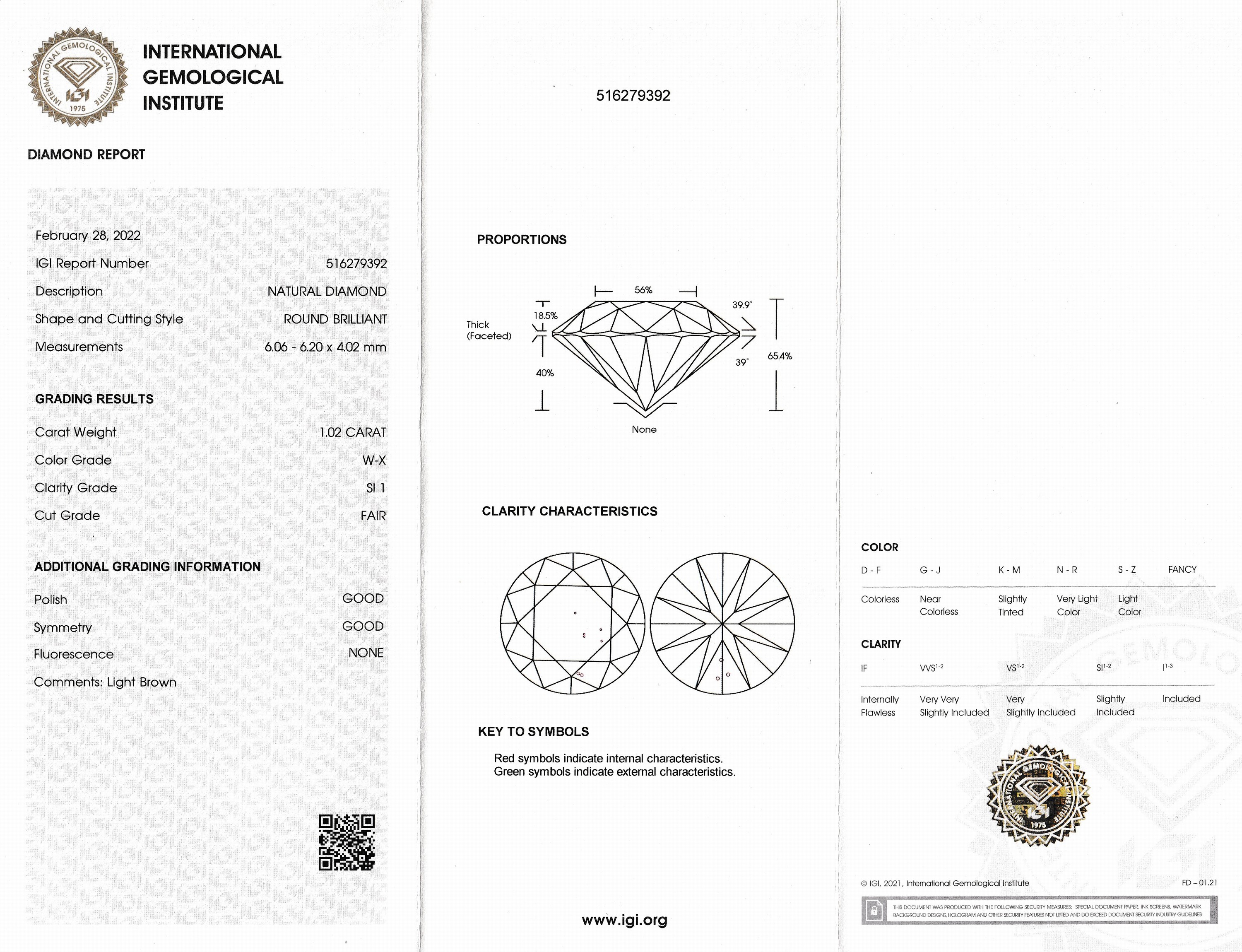 Detail a: Loser Brillant, 1.02 ct Getönt(W-X)/si1, eingeschweißt, mit IGI-Expertise
