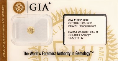 Image Loser Brillant, 0.50 ct natural fancy brownishgreenish yellow/p2, eingeschweißt, mit GIA ...