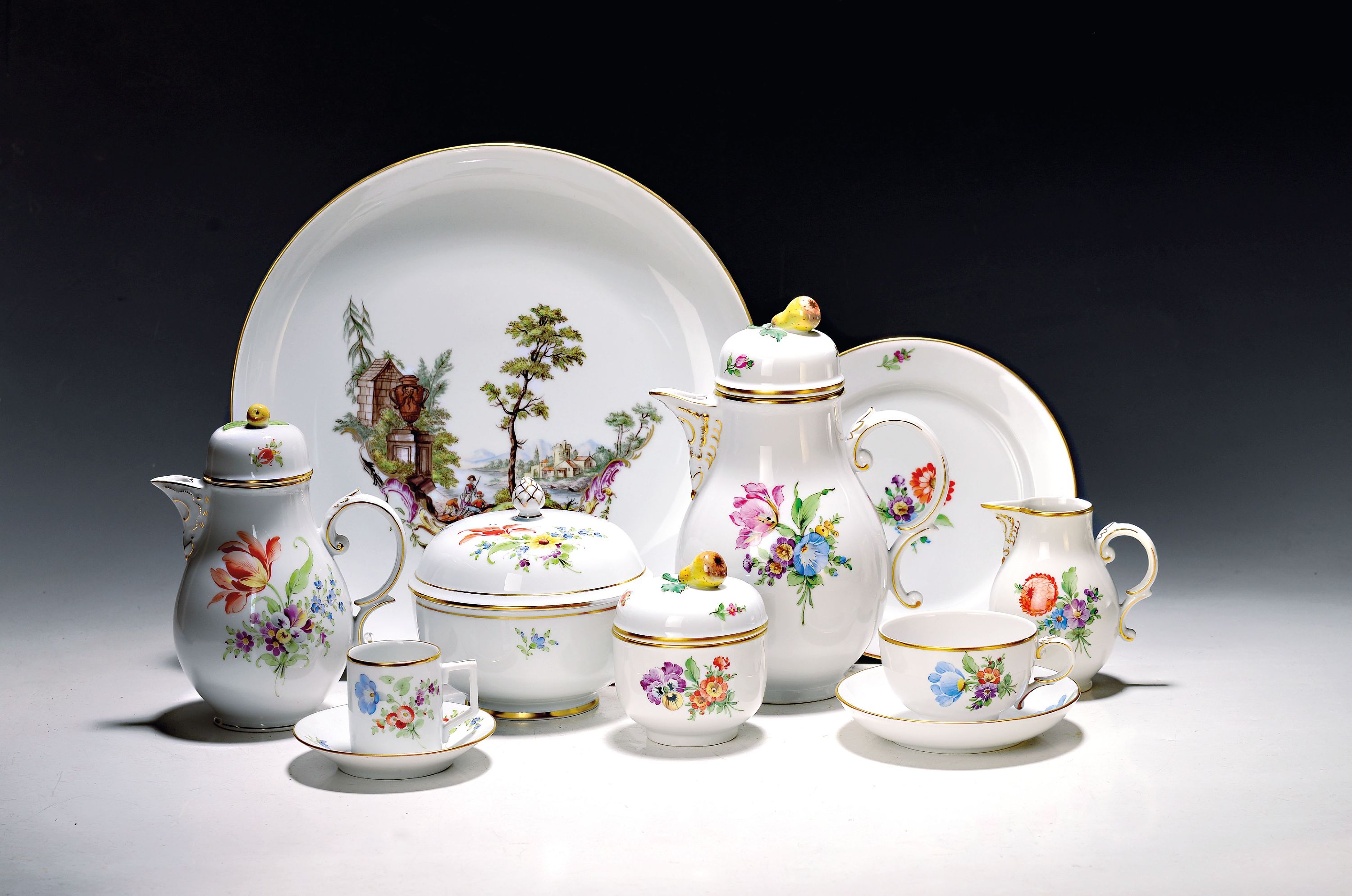 Image 27034579 - Kaffeeservice, Höchst, 20. Jh., Kaffeekanne, Milchkanne, Zuckerdose, 6 Tassen mit ...