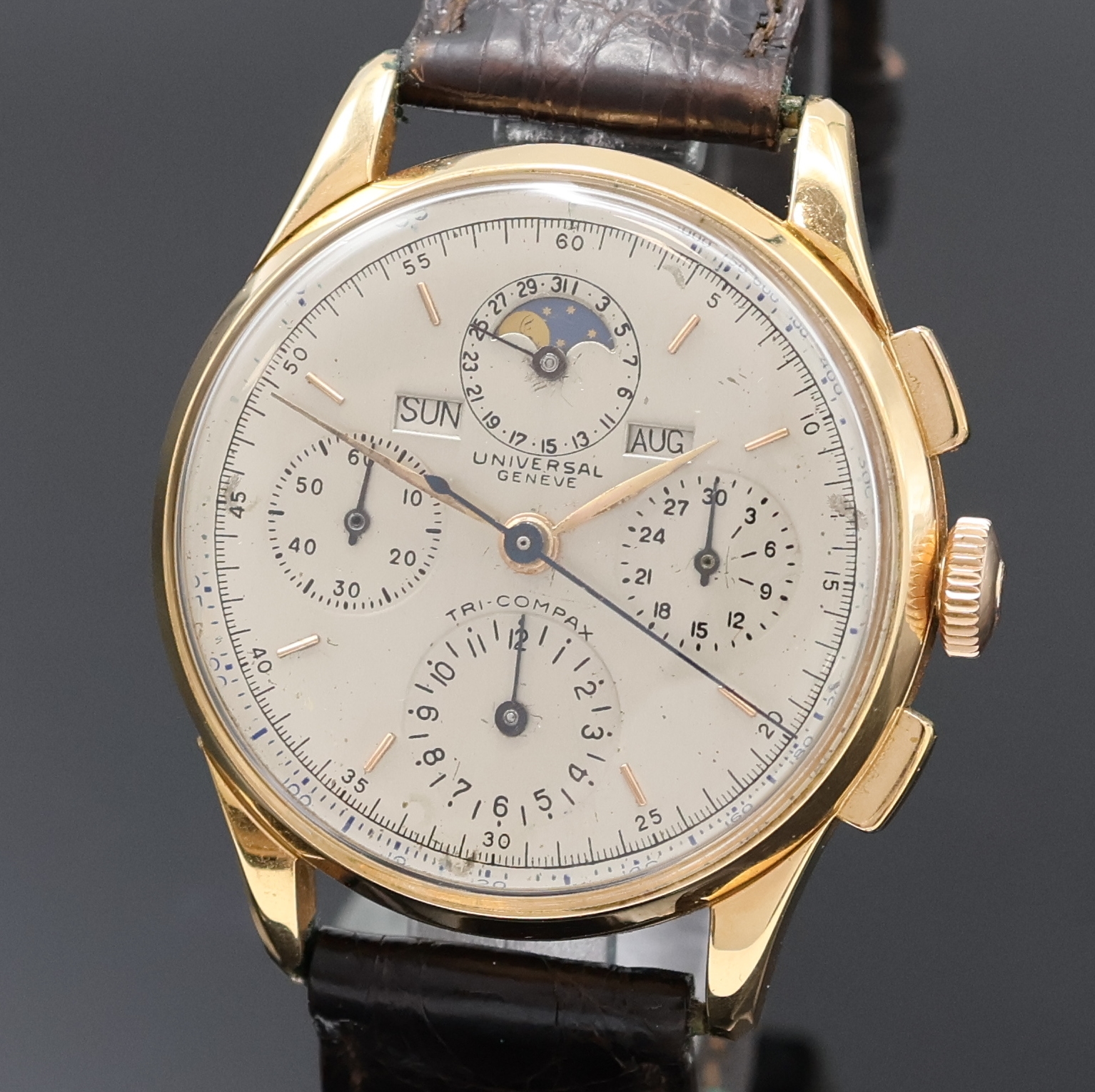 Detail a: UNIVERSAL GENEVE Tri-Compax Schaltradchronograph mit Vollkalender in Roségold 750/000 Referenz 12552, Schweiz um 1945, Handaufzug, 3-tlg. Geh., ...