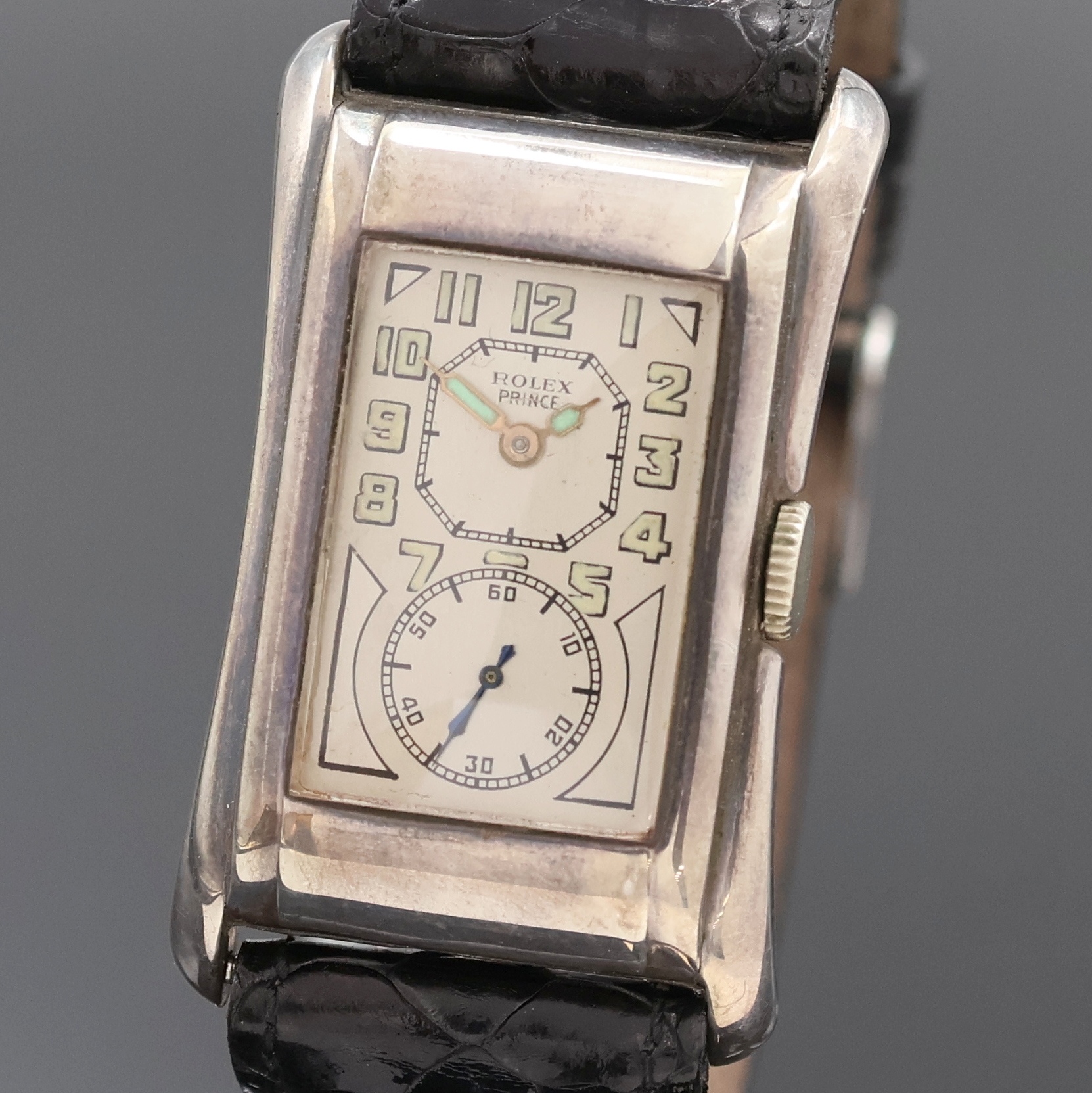 Detail a: ROLEX seltene Herrenarmbanduhr Prince Chronometer in 925er Silber Referenz 971, Schweiz / England um 1939, Handaufzug, Rectangulärgeh., Boden ...