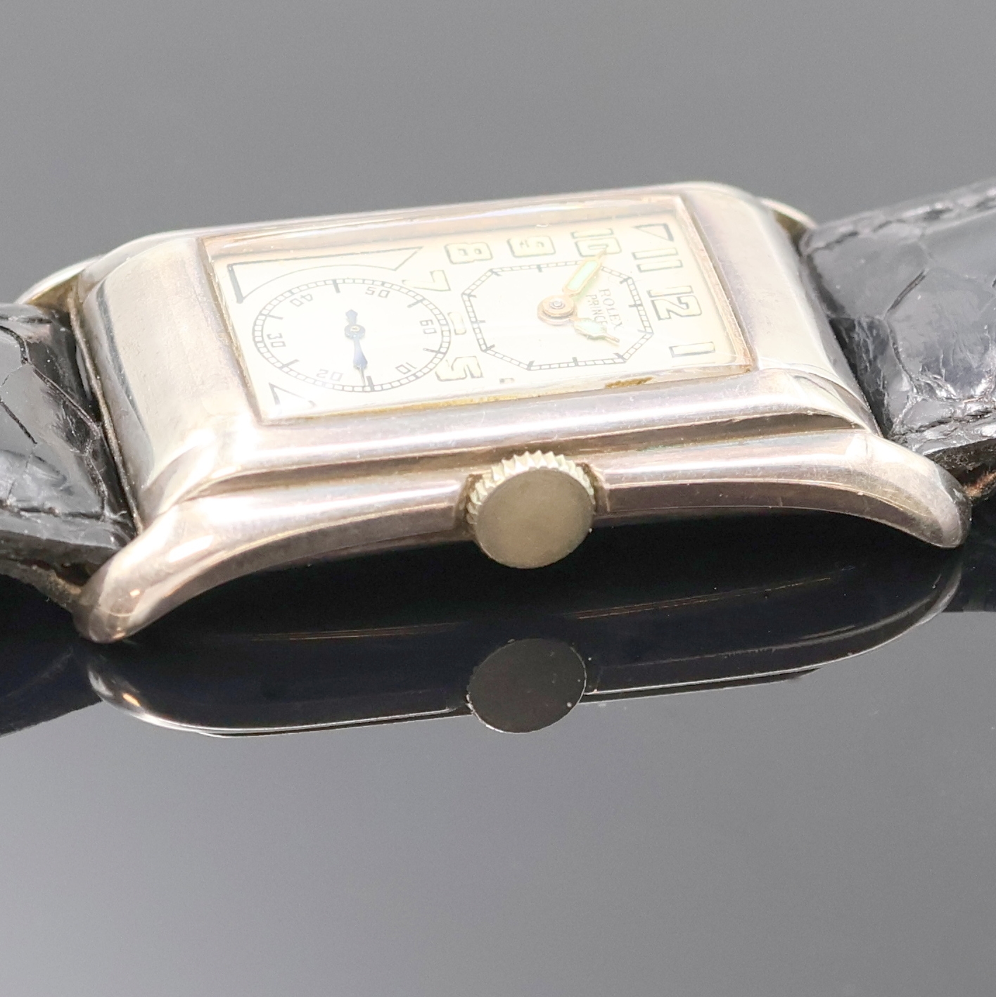 Detail c: ROLEX seltene Herrenarmbanduhr Prince Chronometer in 925er Silber Referenz 971, Schweiz / England um 1939, Handaufzug, Rectangulärgeh., Boden ...