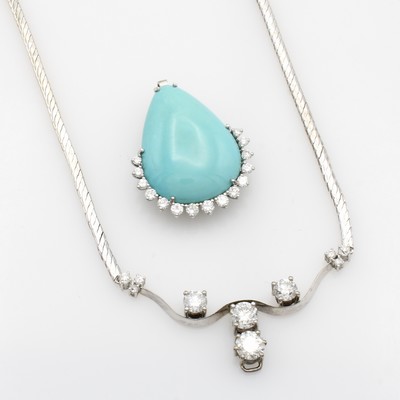 27034501a - Collier mit Türkis und Brillanten, WG 750/ 000, Türkistropfen ca. 20 ct, 25 Brill. ...