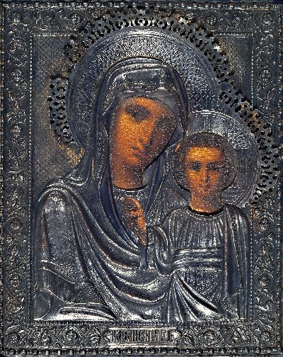 Image Ikone, Russland, 19. Jh., mit Silberoklad, Gottesmutter von Kazan, getriebenes ...