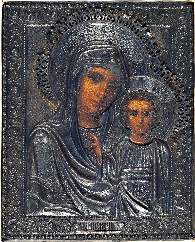 27034580k - Ikone, Russland, 19. Jh., mit Silberoklad, Gottesmutter von Kazan, getriebenes ...
