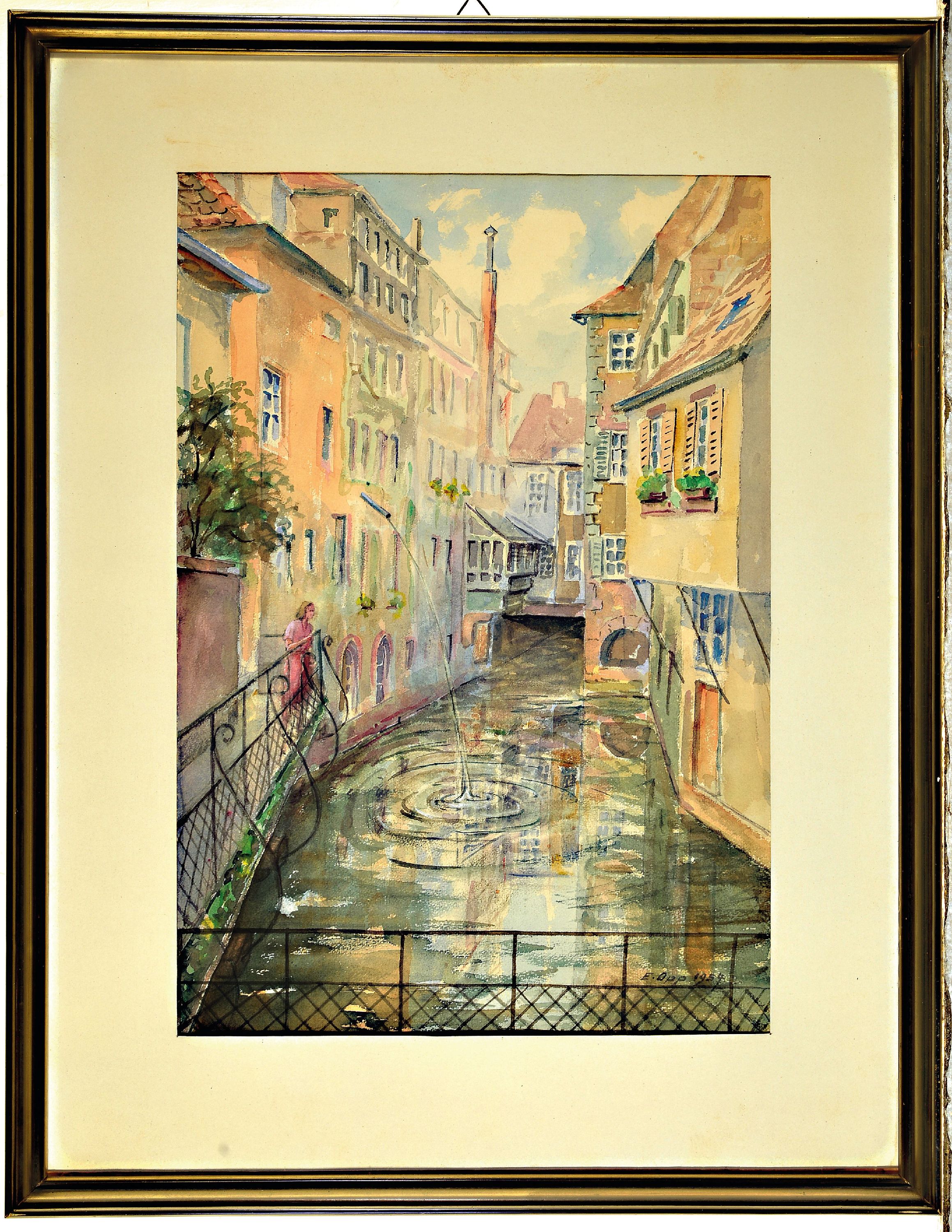 Detail k: Eduard Opp, Maler aus Landau/Pfalz, Ansicht aus Landau, Aquarell auf Papier, rechts unten sign. und dat. 1954, ca. 49x 33cm, PP, u.Gl., R. ca. 68x53cm