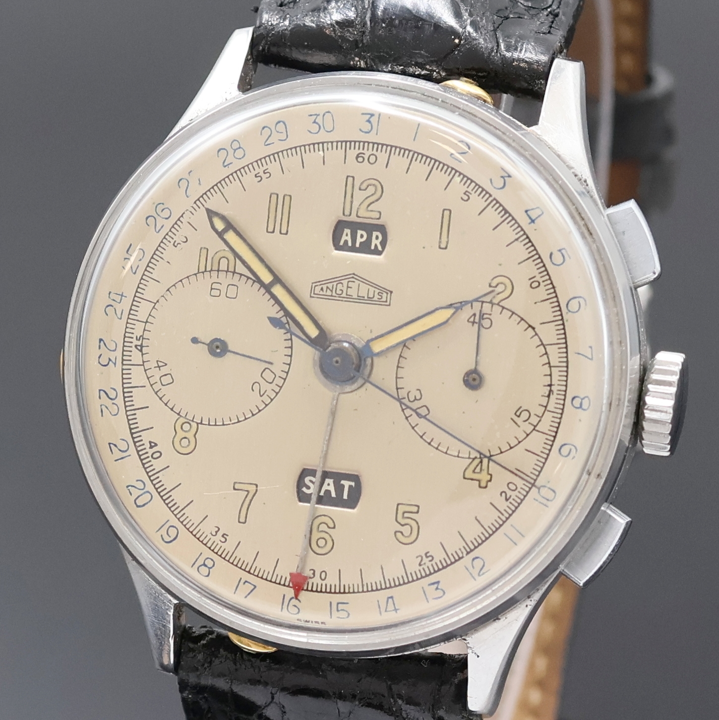 Detail a: ANGELUS Schaltradchronograph Chronodato, Schweiz 1940er Jahre, Handaufzug, unsign. Edelstahlgeh., Boden und Glasrand aufgedr., vers. Zifferblatt ...