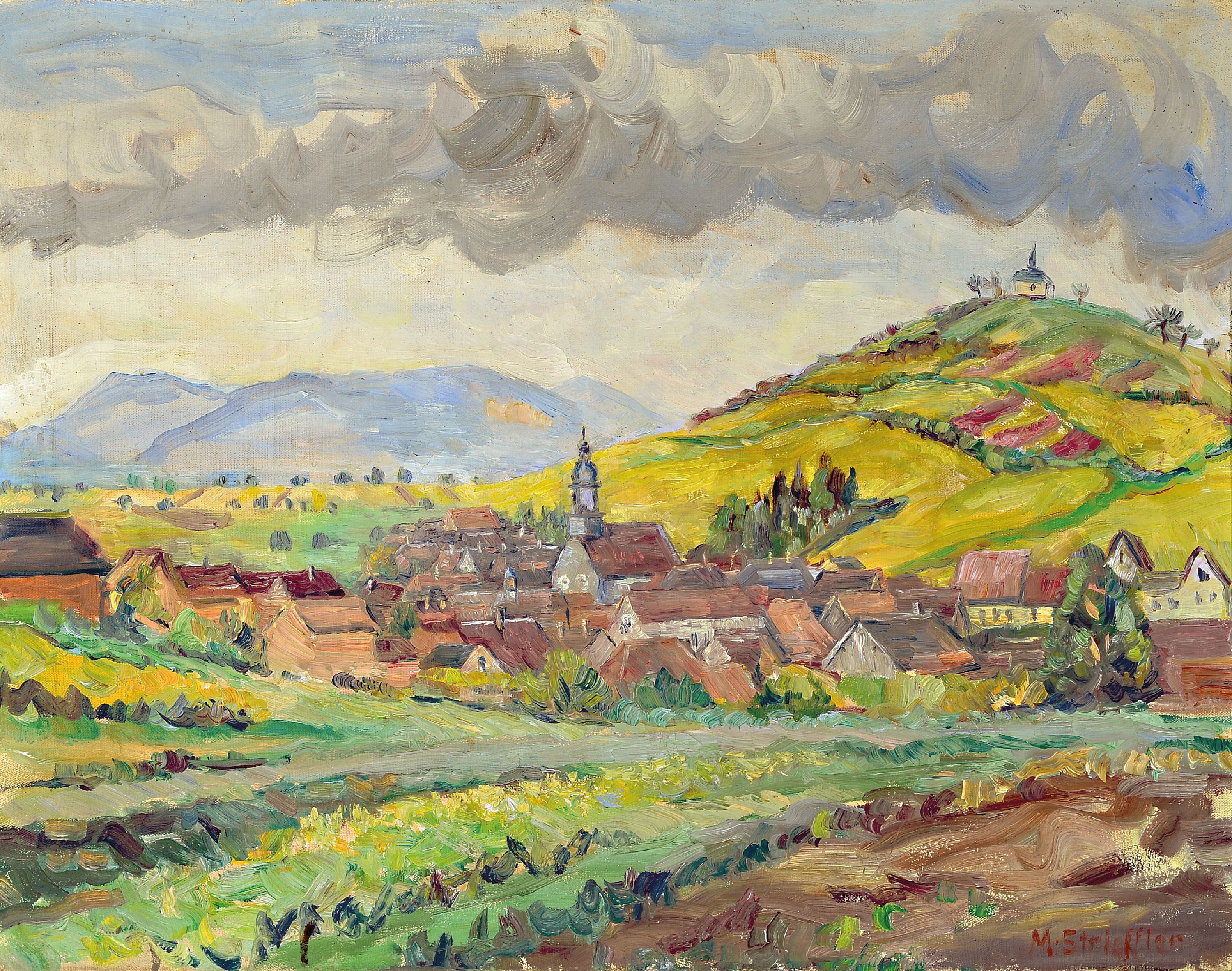 Image 27034612 - Marie Strieffler, 1917-1987 Landau, Blick auf die kleine Kalmit und Ilbesheim, Öl/Lwd, ...
