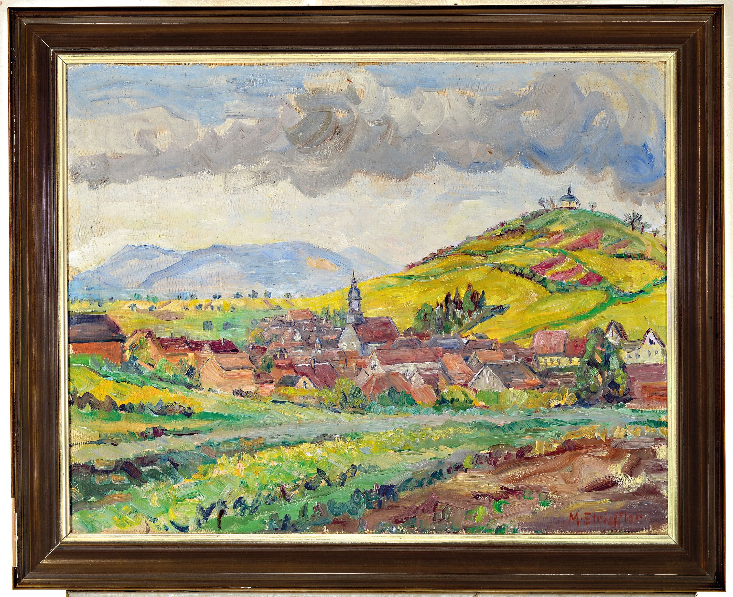 Detail k: Marie Strieffler, 1917-1987 Landau, Blick auf die kleine Kalmit und Ilbesheim, Öl/Lwd, rechts unten sign., ca. 59x77cm, R. ca. 72x88cm
