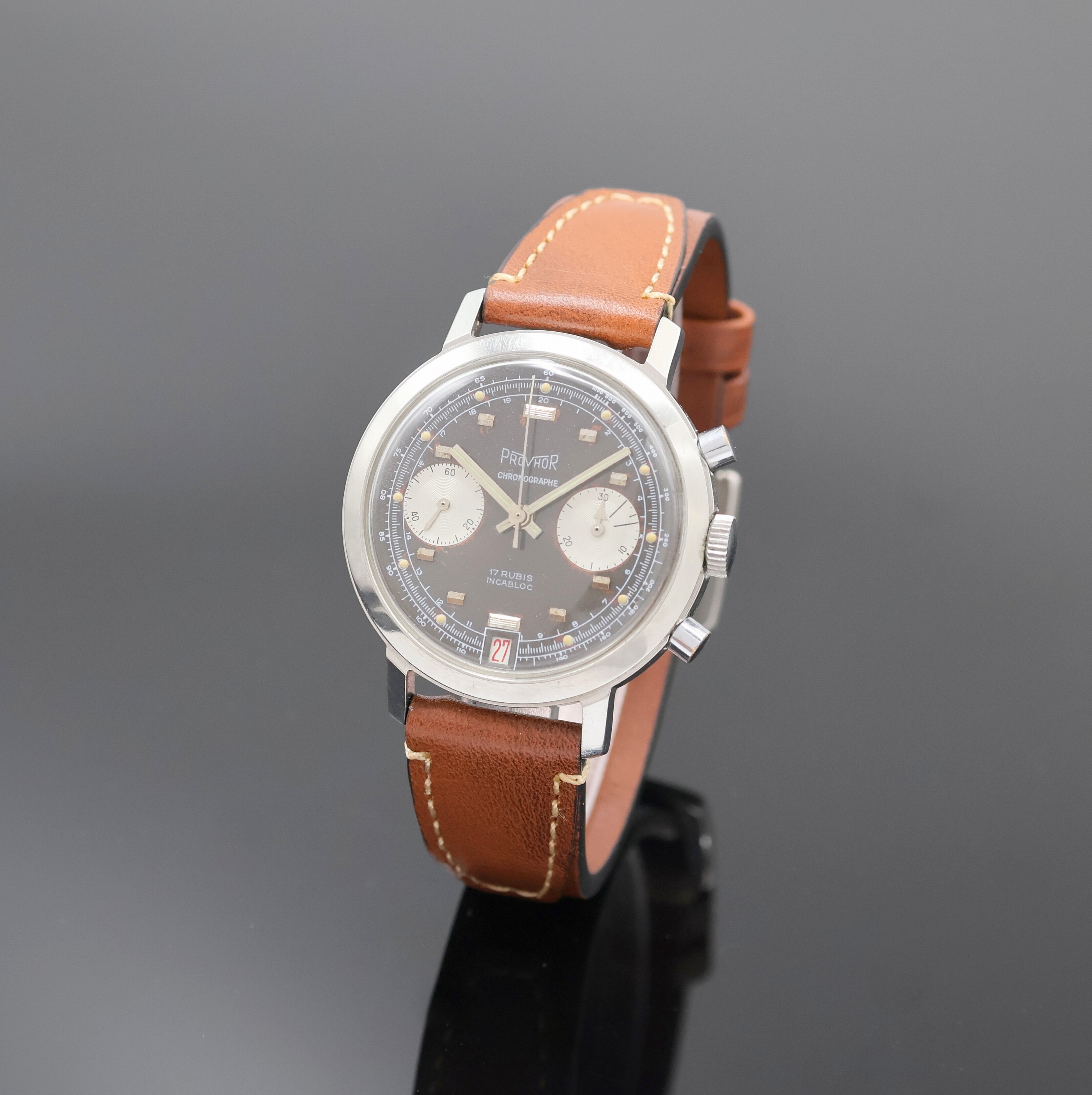 Image 27034613 - PROVHOR Armbandchronograph in Stahl, Schweiz um 1968, Handaufzug, Boden verschr., graues ...