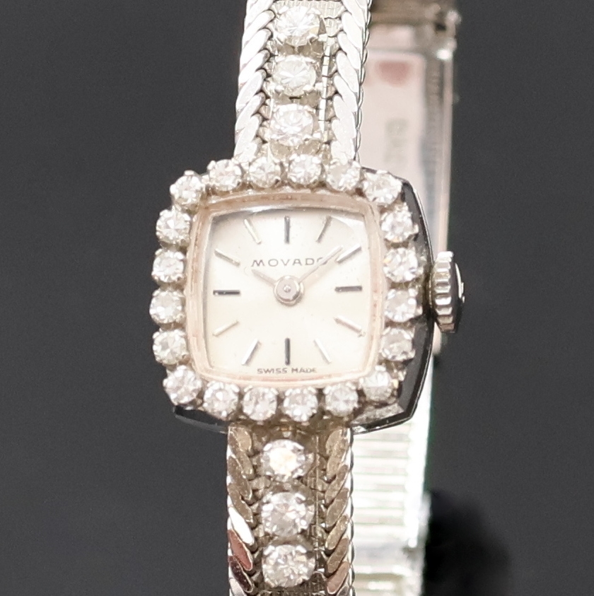Detail a: Damenarmbanduhr bezeichnet Movado in WG 750/000 mit Diamanten, Handaufzug, Schweiz um 1970, silb. Zifferbl. m. aufgel. Indizes, Formankerw., 17 St., ...