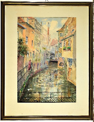 27034608k - Eduard Opp, Maler aus Landau/Pfalz, Ansicht aus Landau, Aquarell auf Papier, rechts ...