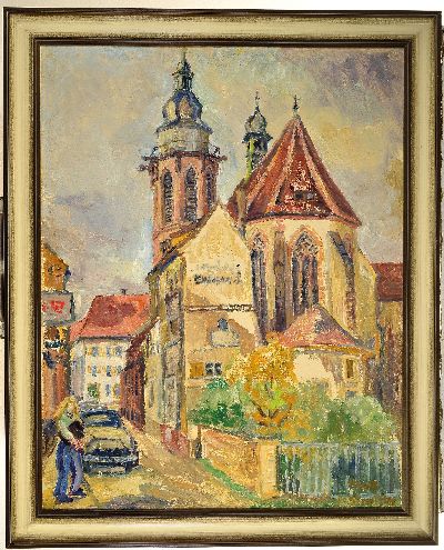 27034611k - Marie Strieffler, 1917-1987 Landau, Blick auf die Stiftskirche in Landau, Öl/Lwd, ...