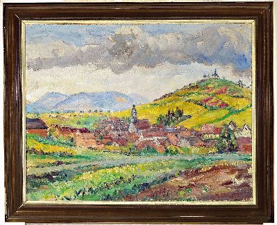 27034612k - Marie Strieffler, 1917-1987 Landau, Blick auf die kleine Kalmit und Ilbesheim, Öl/Lwd, ...