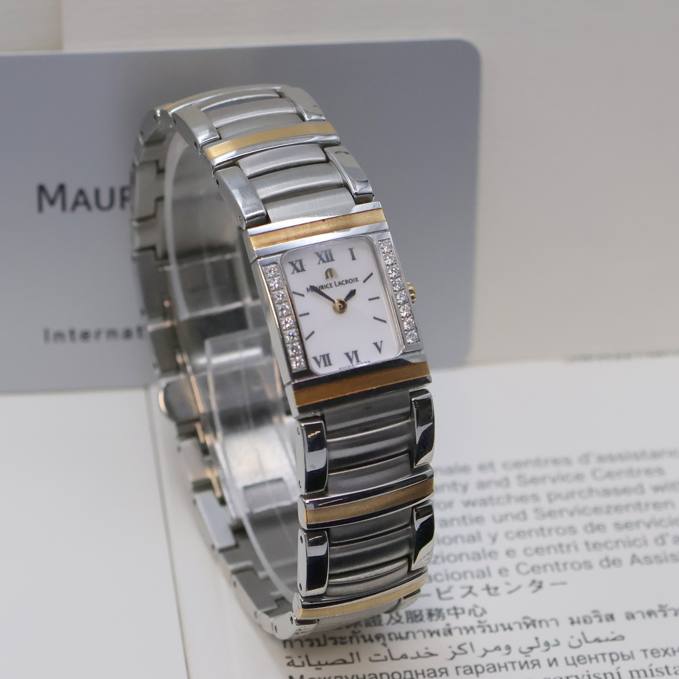 Detail b: MAURICE LACROIX Miros Damenarmbanduhr mit Diamanten Referenz 32838, Schweiz um 2002, quarz, Edelstahl/Gold komb. inkl. orig. Gliederband m. dopp. ...
