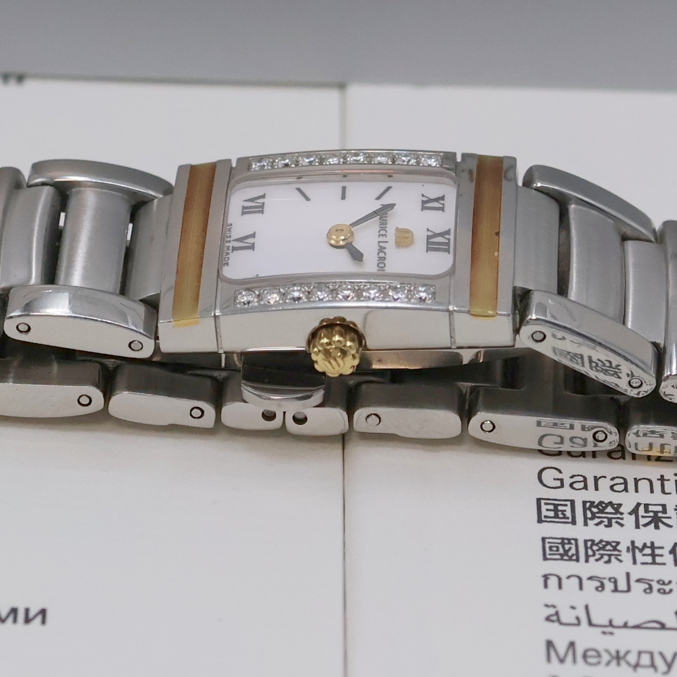 Detail d: MAURICE LACROIX Miros Damenarmbanduhr mit Diamanten Referenz 32838, Schweiz um 2002, quarz, Edelstahl/Gold komb. inkl. orig. Gliederband m. dopp. ...