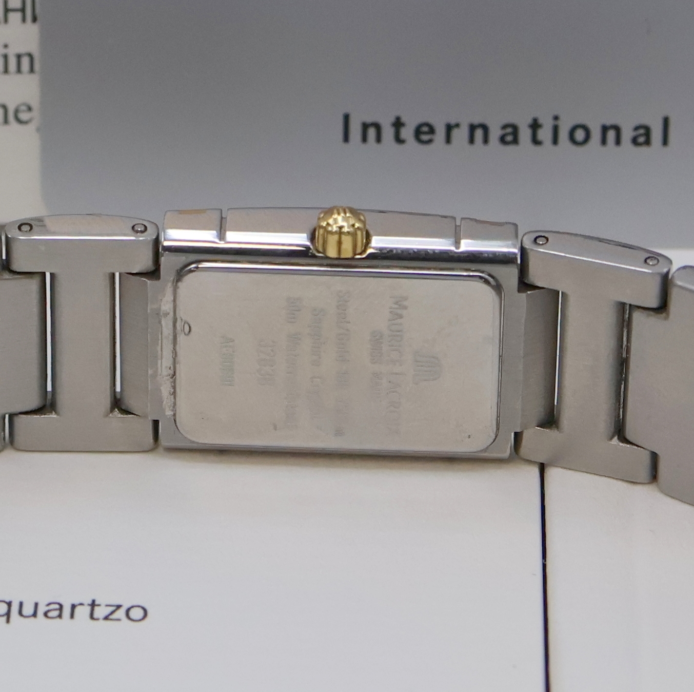 Detail e: MAURICE LACROIX Miros Damenarmbanduhr mit Diamanten Referenz 32838, Schweiz um 2002, quarz, Edelstahl/Gold komb. inkl. orig. Gliederband m. dopp. ...