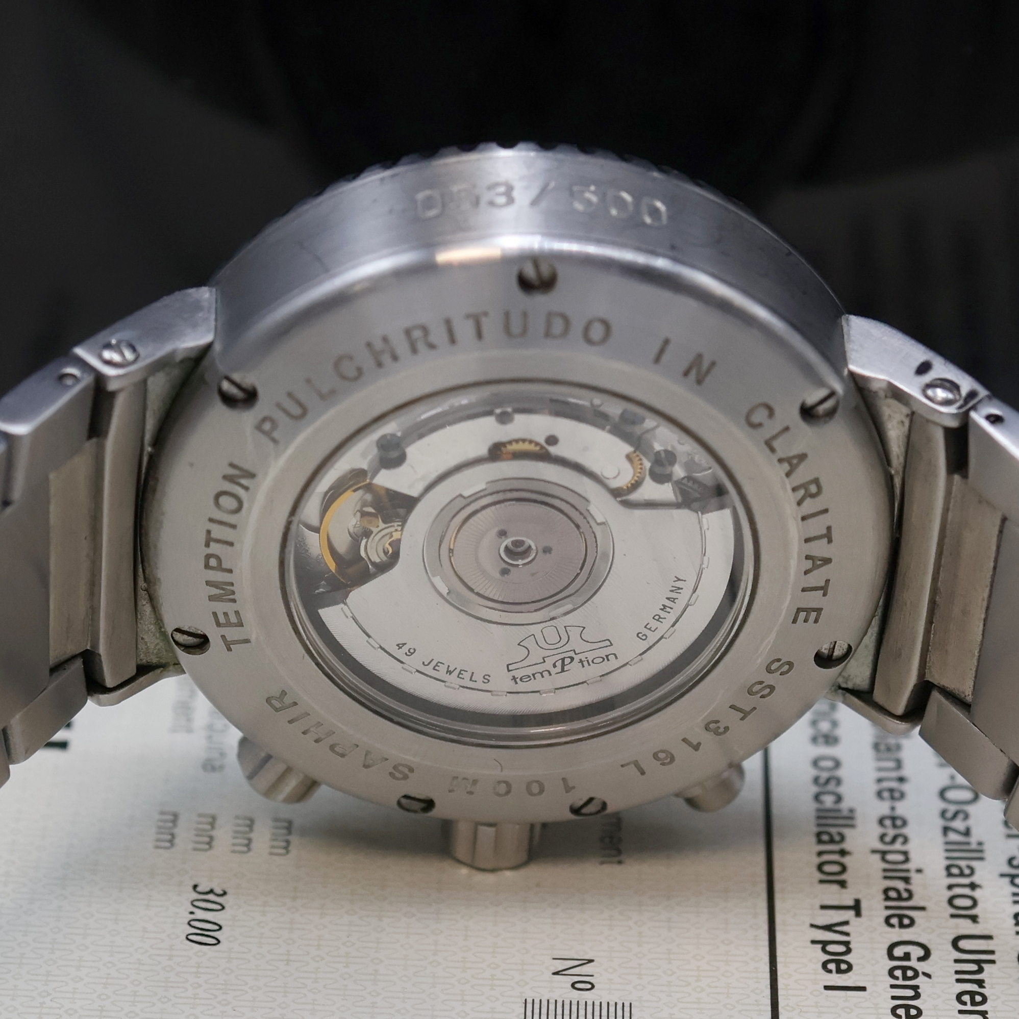 Detail f: TEMPTION Cherubin-GDA auf 500 Stück limitierter Armbandchronograph in Stahl, Deutschland um 1995, Automatik, beids. vergl. Geh. inkl. orig. ...