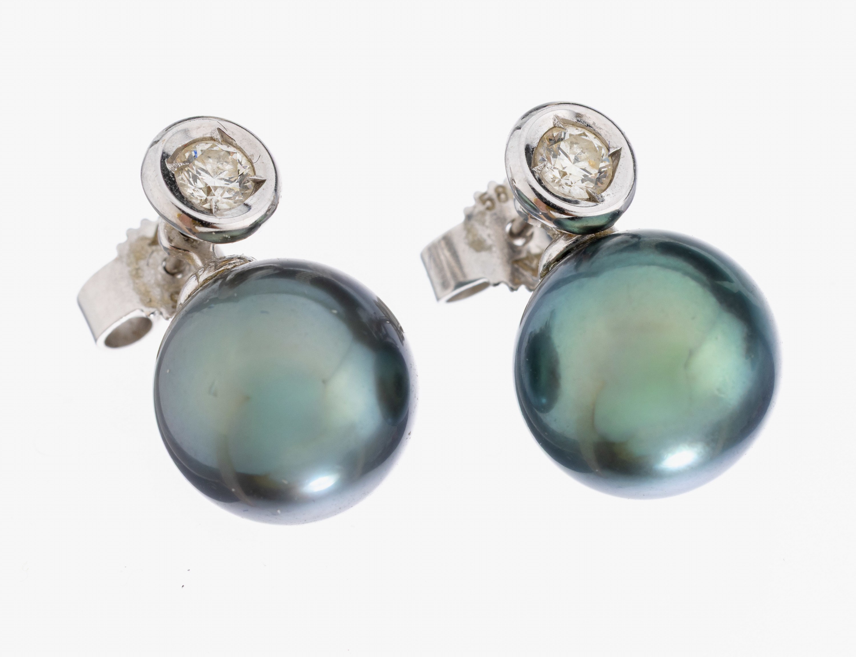 Image 27034865 - Paar 14 kt Gold Perl-Brillant-Ohrstecker, WG 585/000, 2 Tahitizuchtperlen D. ca. 10.3 ...