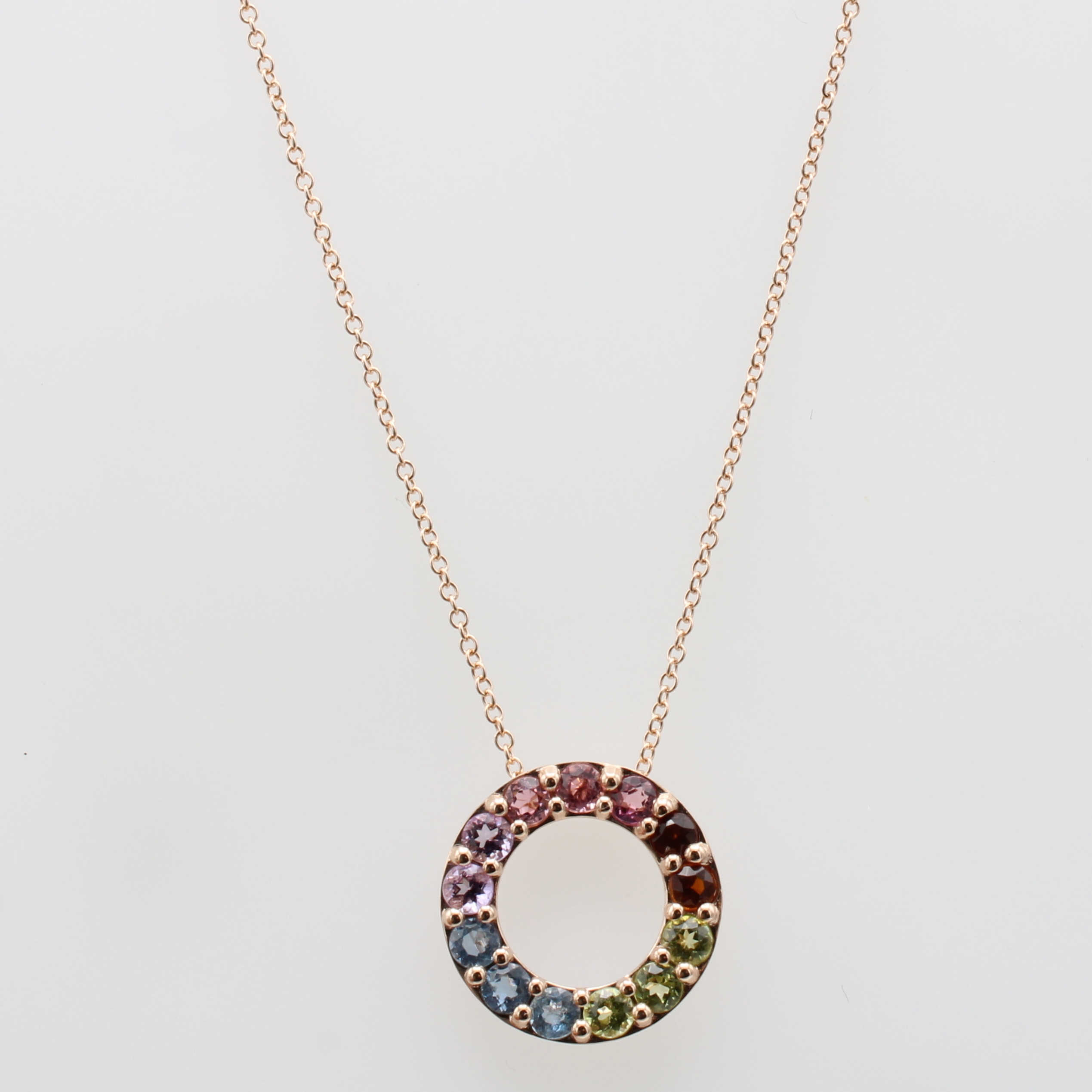 Image 27035019 - Anhänger mit Farbsteinen an Kette, RoséG 585/000, Citrine, Amethyste, Aquamarine, Tur- ...