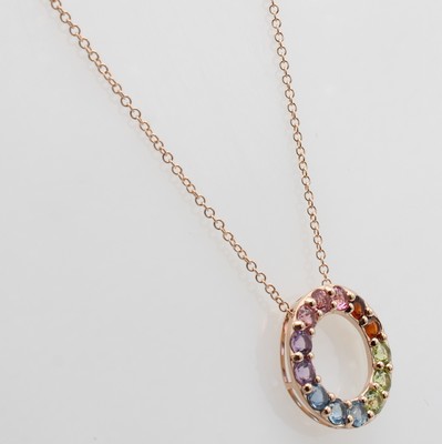 27035019a - Anhänger mit Farbsteinen an Kette, RoséG 585/000, Citrine, Amethyste, Aquamarine, Tur- ...