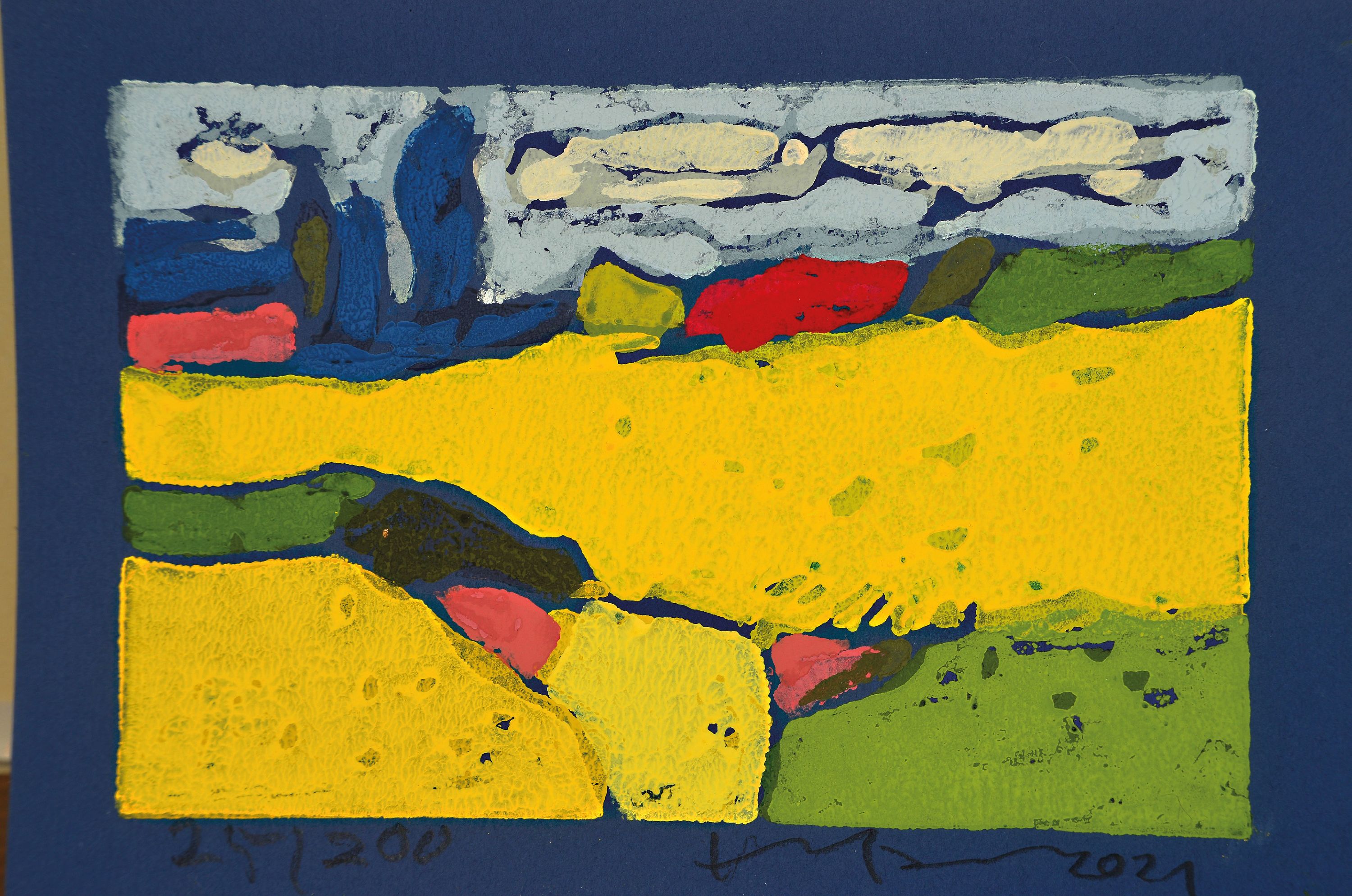 Detail k: Klaus Fußmann, geb. 1938, Raps bei Gelting, Farblinolschnitt auf blauem Papier, sign. und num. 25/200, ca. 10x15.5cm