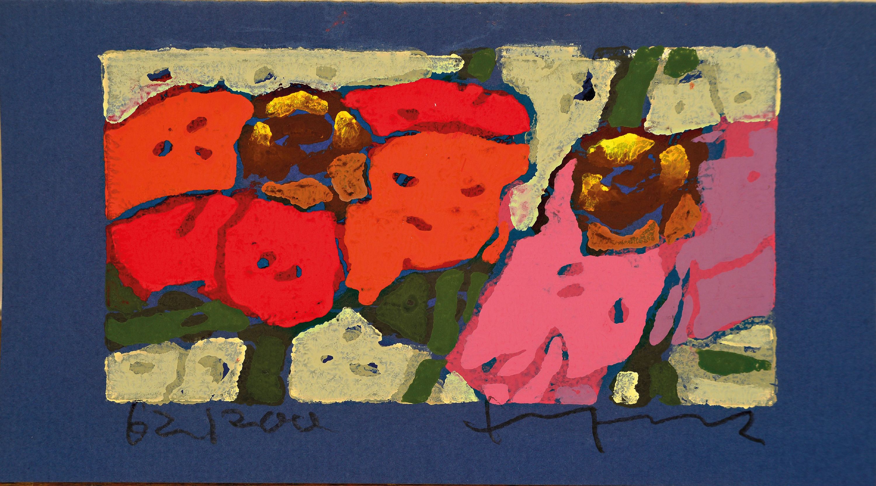 Detail k: Klaus Fußmann, geb. 1938, rote und lila Rosen, Farblinolschnitt auf blauem Papier, sign. und num. 62/200, ca. 7.5x13.5cm