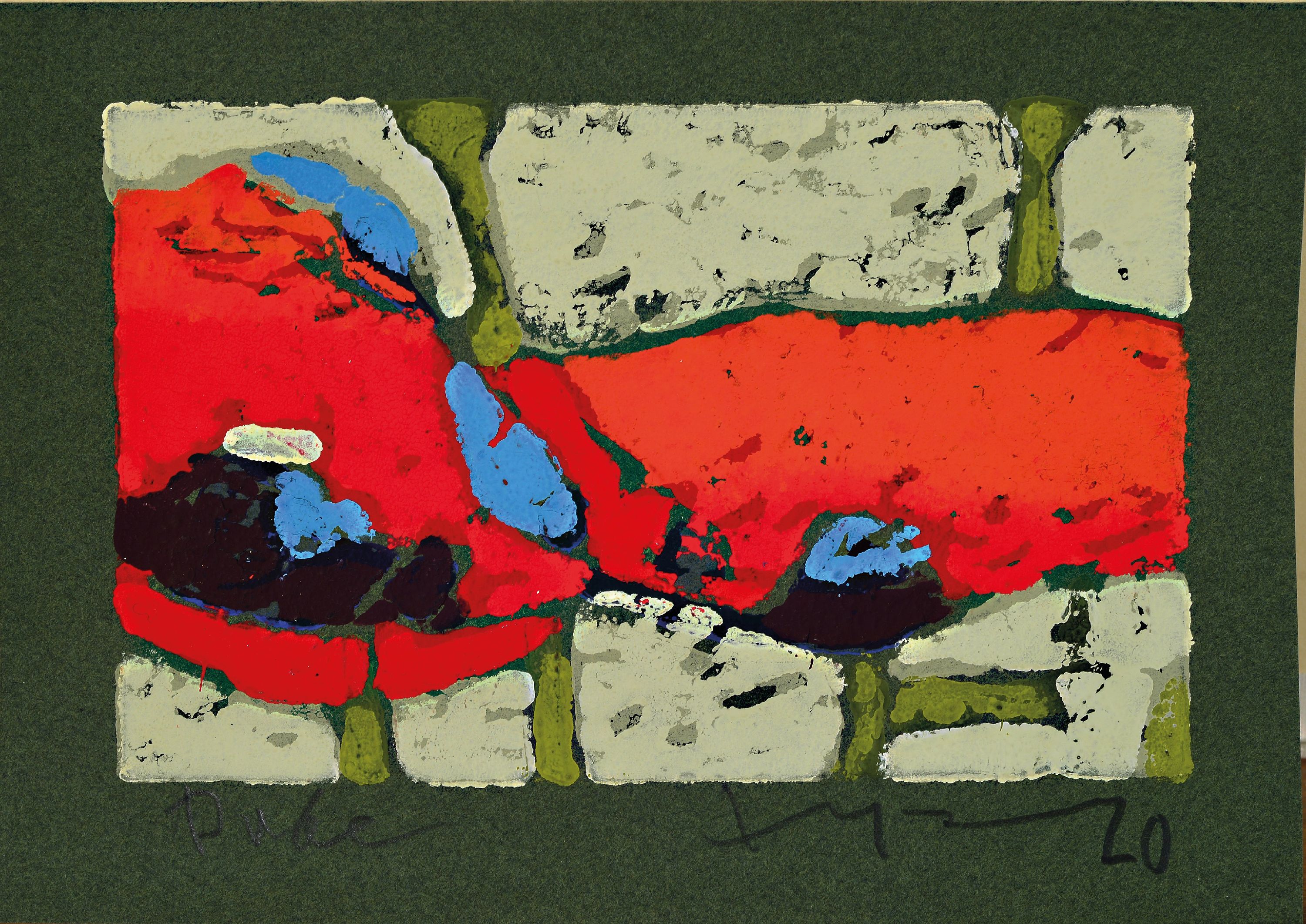 Detail k: Klaus Fußmann, geb. 1938, roter Mohn, Farblinolschnitt auf grünem Papier, sign. und bez.: Probe, ca. 9.5x15cm