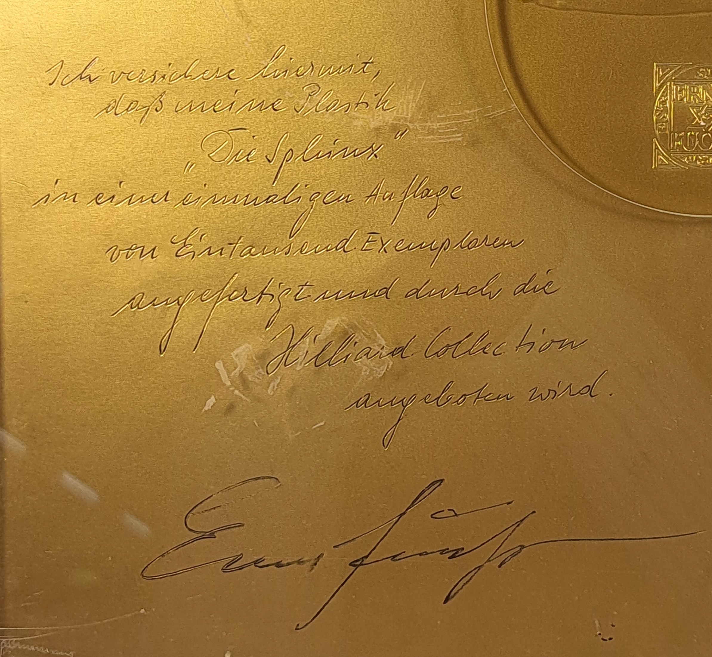 Detail i: Ernst Fuchs, 1930-2015, Sphinx, Bronzeskulptur, sign. und num. 591/1000, auf Marmorsockel, ca. 22x35x20cm, mit Zertifikat, dieses mit handschriftl. ...