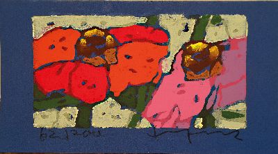 27035316k - Klaus Fußmann, geb. 1938, rote und lila Rosen, Farblinolschnitt auf blauem Papier, ...