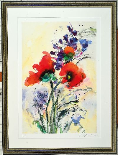 27035328k - Christine Kremkau, geb. 1941, Klatschmohn und Kornblumen, handkolorierte Grafik, sign. ...