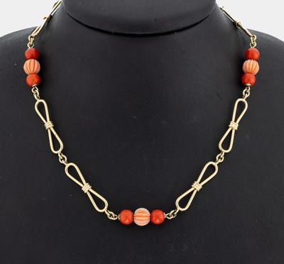 Image 14 kt Gold Korallen-Collier, GG 585/000, 14rote Korallen-Kugeln, 7 geriefte ...