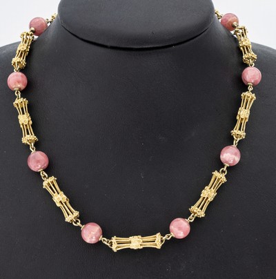 Image 14 kt Gold Rhodochrosit-Collier, 1970er Jahre, GG 585/000, 14 Rhodochrosit-Kugeln, L. ...