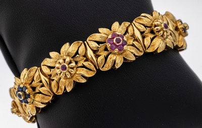 Image 18 kt Gold Rubin-Saphir-Armband, 1960er Jahre, GG 750/000, qualitätvolle Verarbeitung, ...