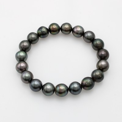 Image Flexibles Tahitiperlarmband, barocke Perlen in Grün und Dunkelgrau mit braunen ...