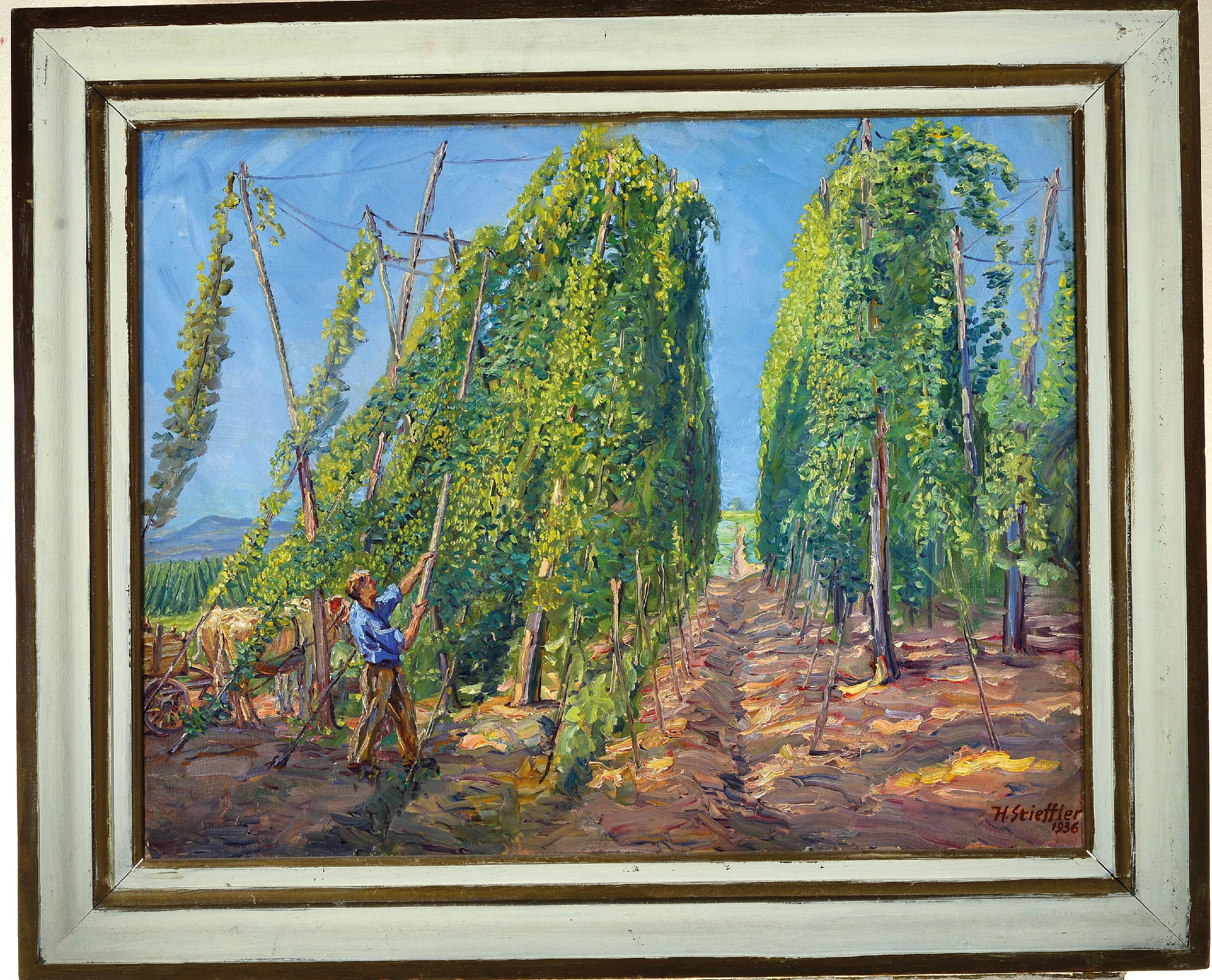 Detail k: Heinrich Strieffler, 1872 Neustadt-1949 Landau, "Hopfenernte", 1936, Öl/Lwd, nachsigniert mit "H. Stieffler 1936" von der ...