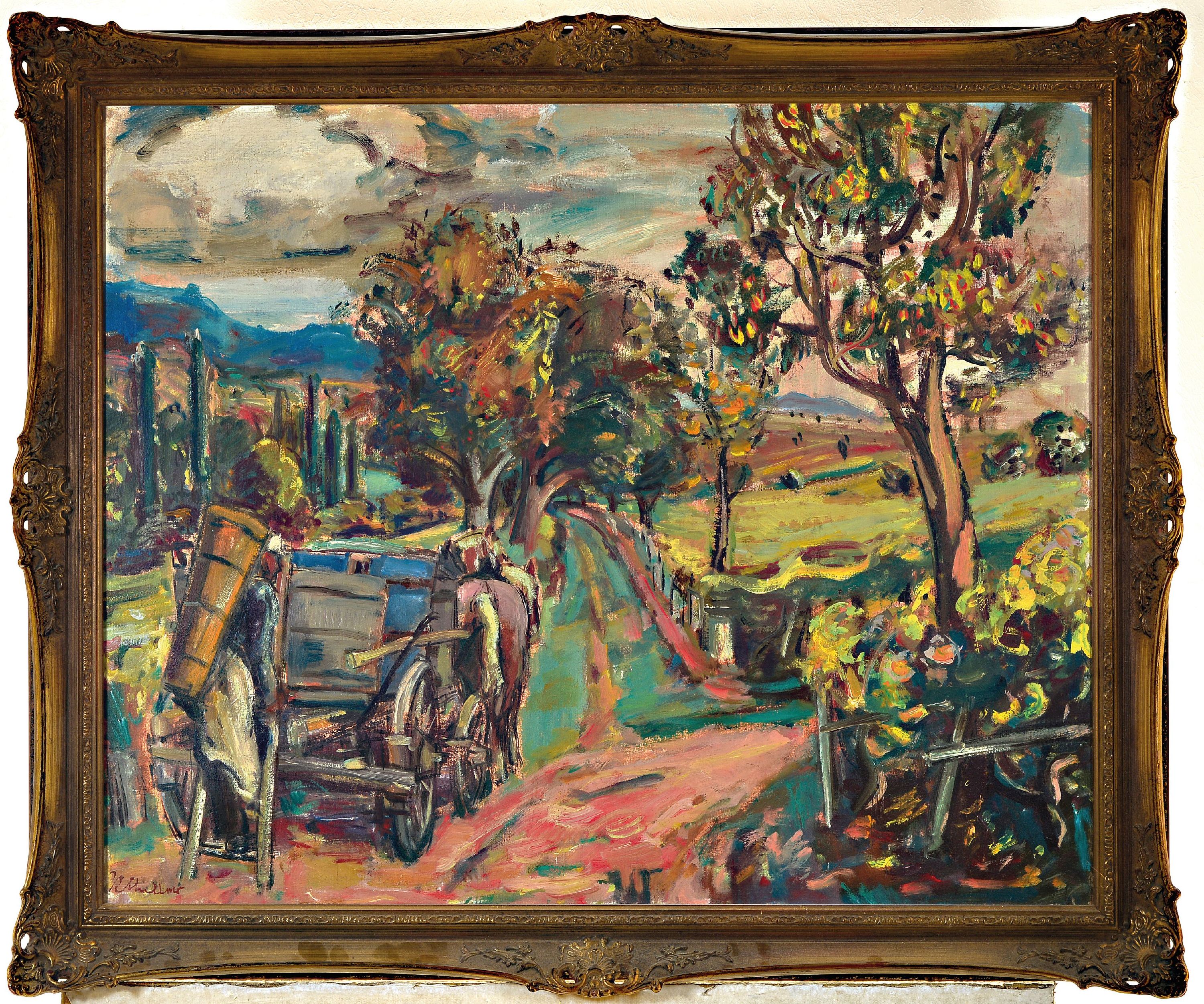 Detail k: Rolf Müller-Landau, 1903 Kayingchow-1956 Bad Bergzabern, Weinleselandschaft, um 1945/46, farbige Modellierung mit wechselhaft hellen und dunklen ...