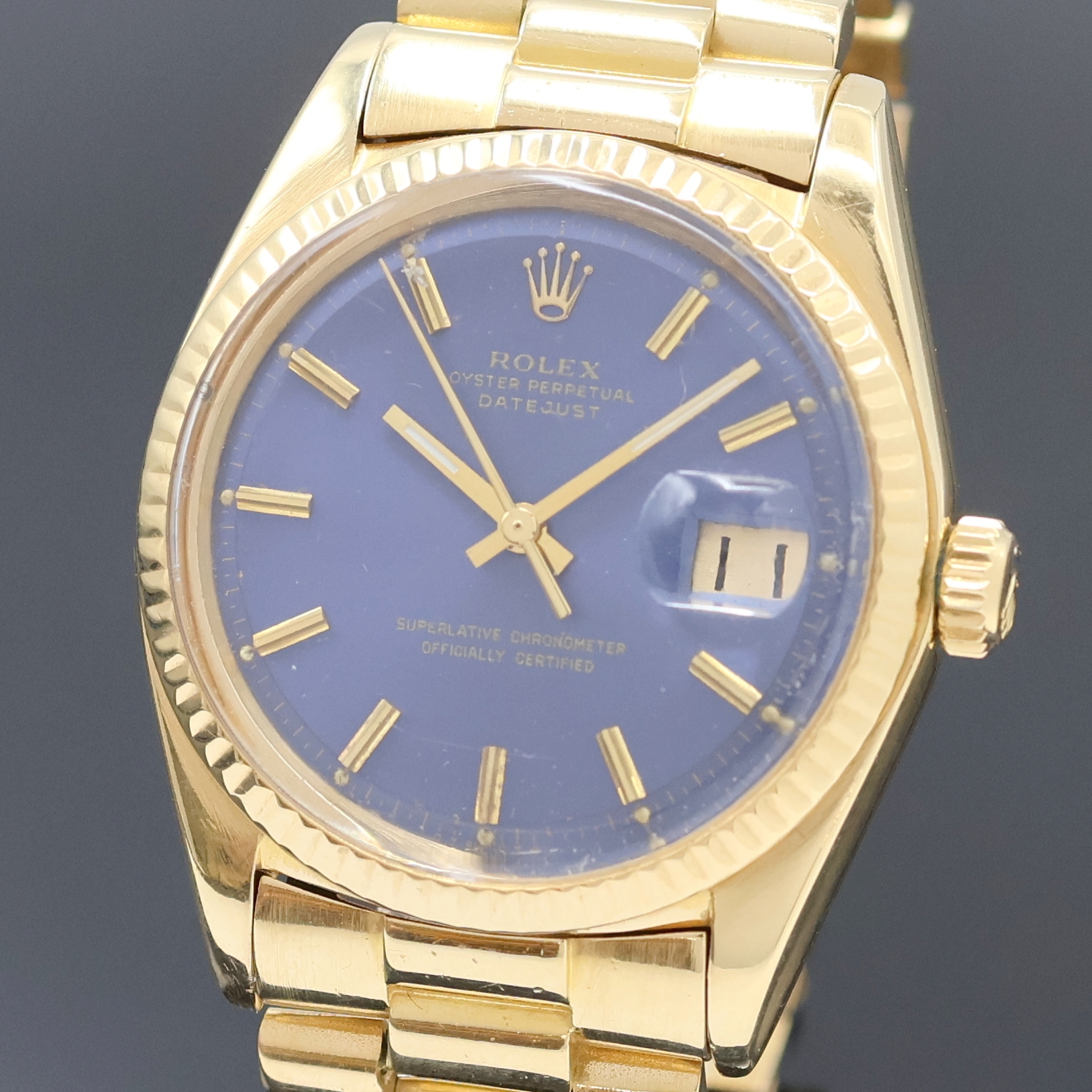 Detail a: ROLEX Datejust Herrenarmbanduhr am Präsidentband in GG 750/000 Referenz 1601, Schweiz um 1973, Automatik, verschr. Oystergeh., geriffelte Lünette, ...