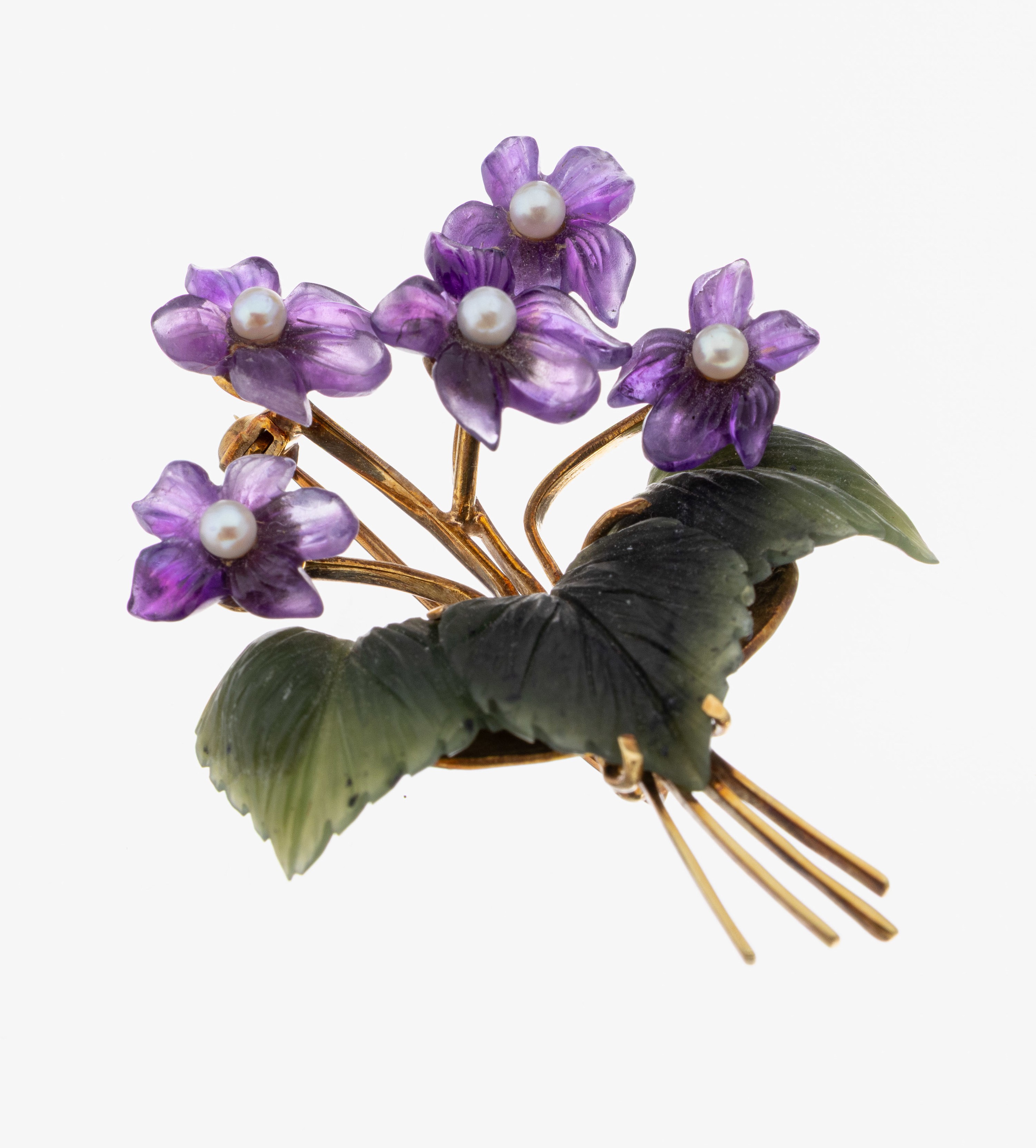 Image 27036445 - 14 kt Gold Nephrit-Amethyst-Perl -Veilchenbrosche, 1950er Jahre, GG 585/000,Blätter ...