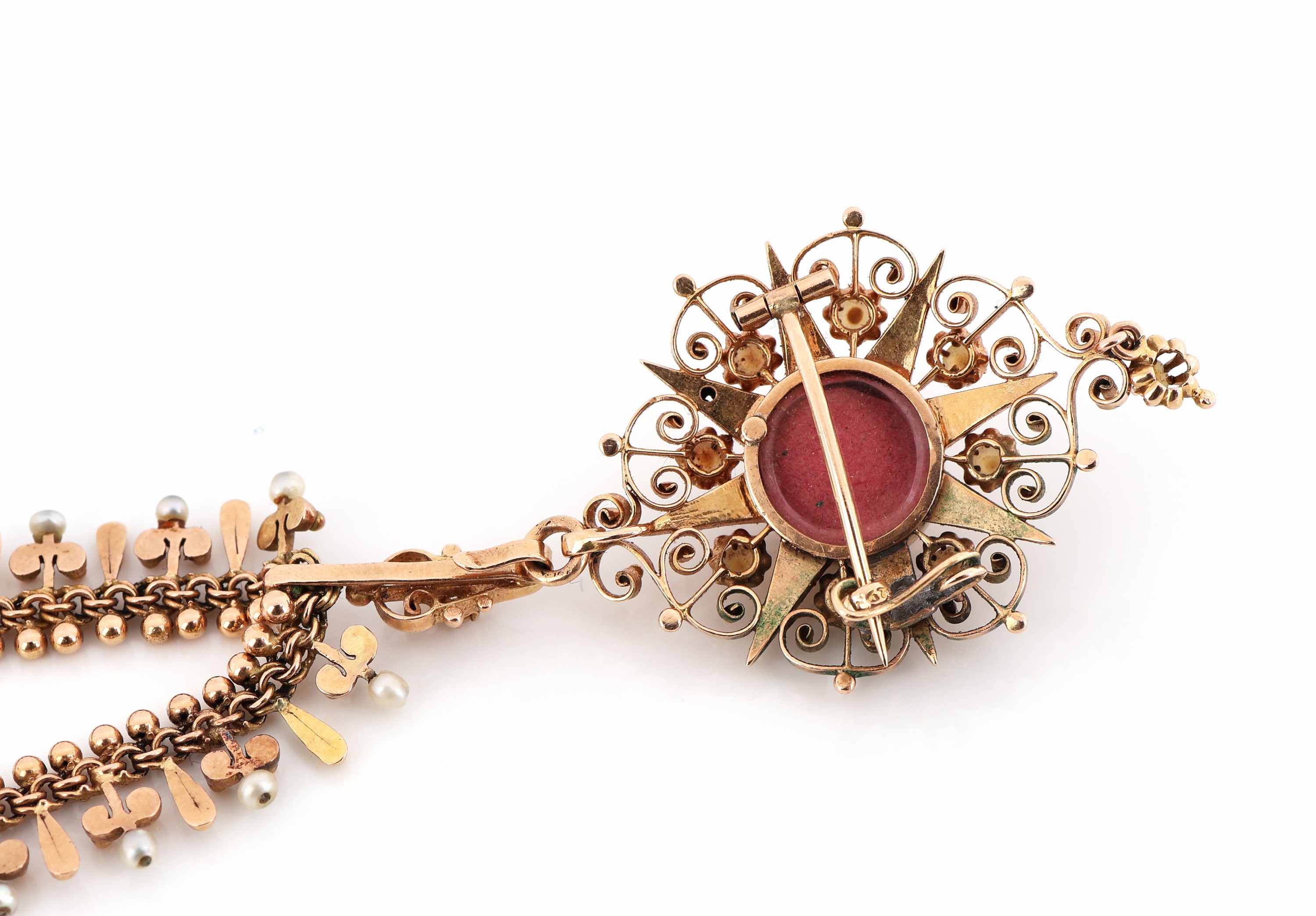 Detail a: 14 kt Gold Perl-Collier, deutsch, um 1870-80, GG 585/000, Gliederkette mit kl. Kugeln undSaatperlen, bewegl. abgehangenes Mittelteil filigran ...
