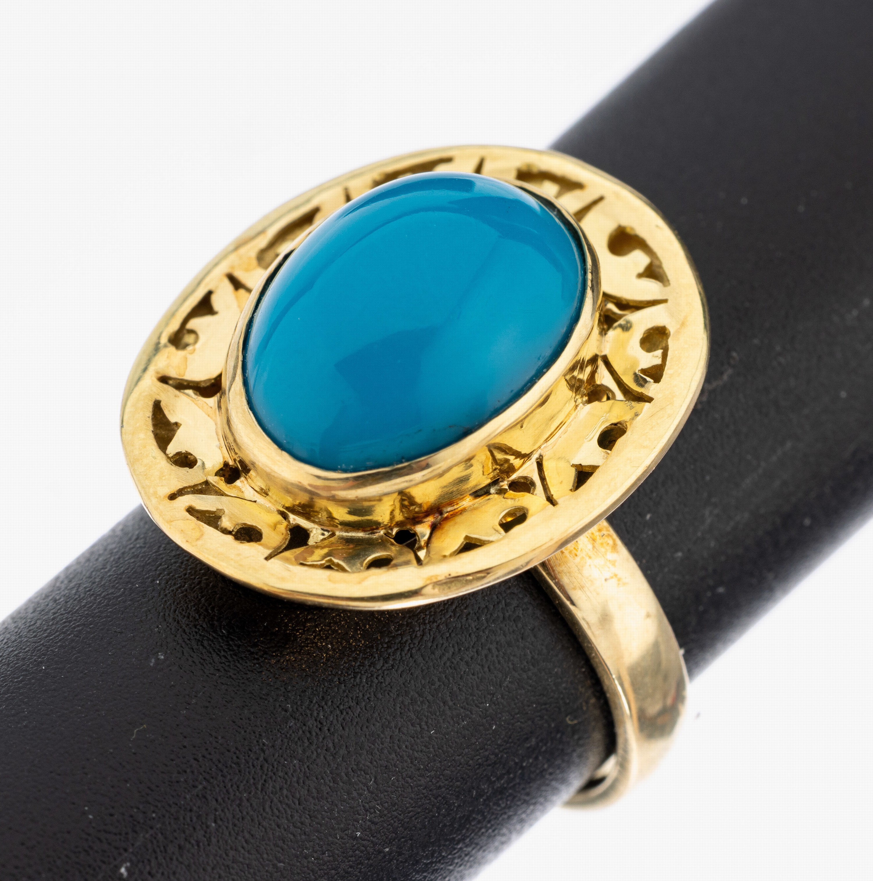 Image 27036452 - 14 kt Gold Türkis-Ring, mittig ovaler Türkis-Cabochon (beh.), Rahmung durchbrochen ...