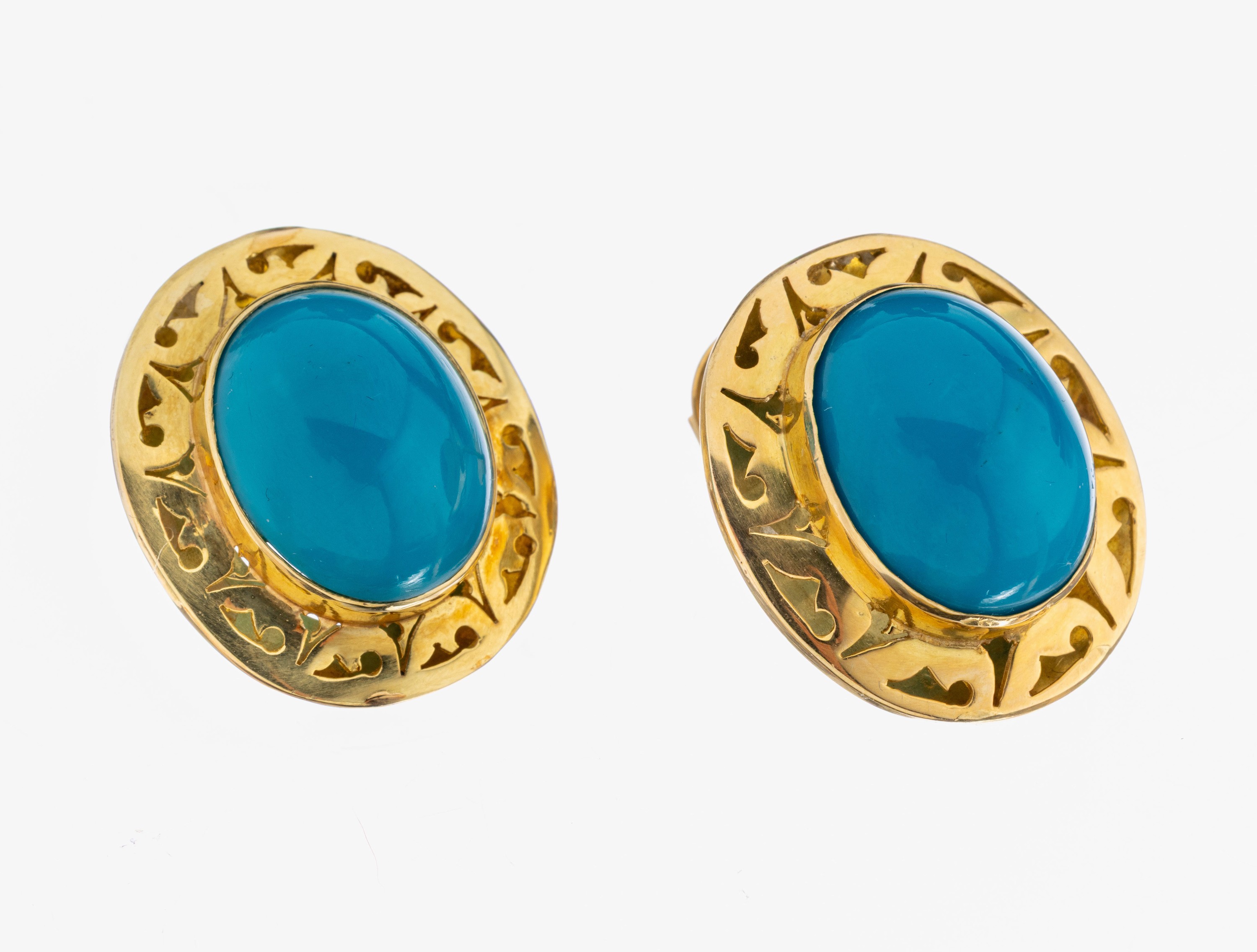 Image 27036453 - Paar 18 kt Gold Türkis-Ohrstecker, GG 750/000, 2 ovale Türkis-Cabochons (beh.), ...